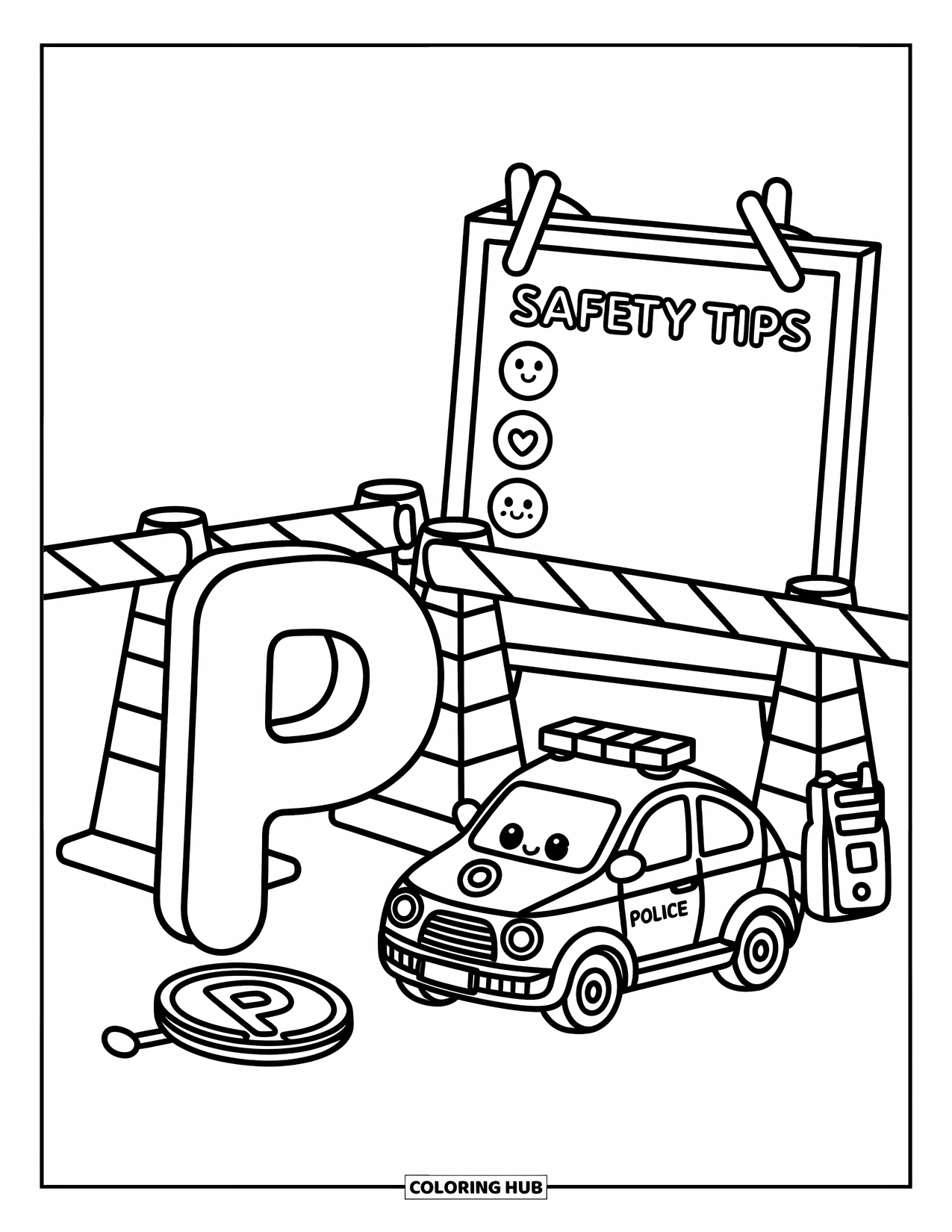 Letter P Coloring Page for Adults: Letter P stands proudly beside a police car and whimsical safety-tip board