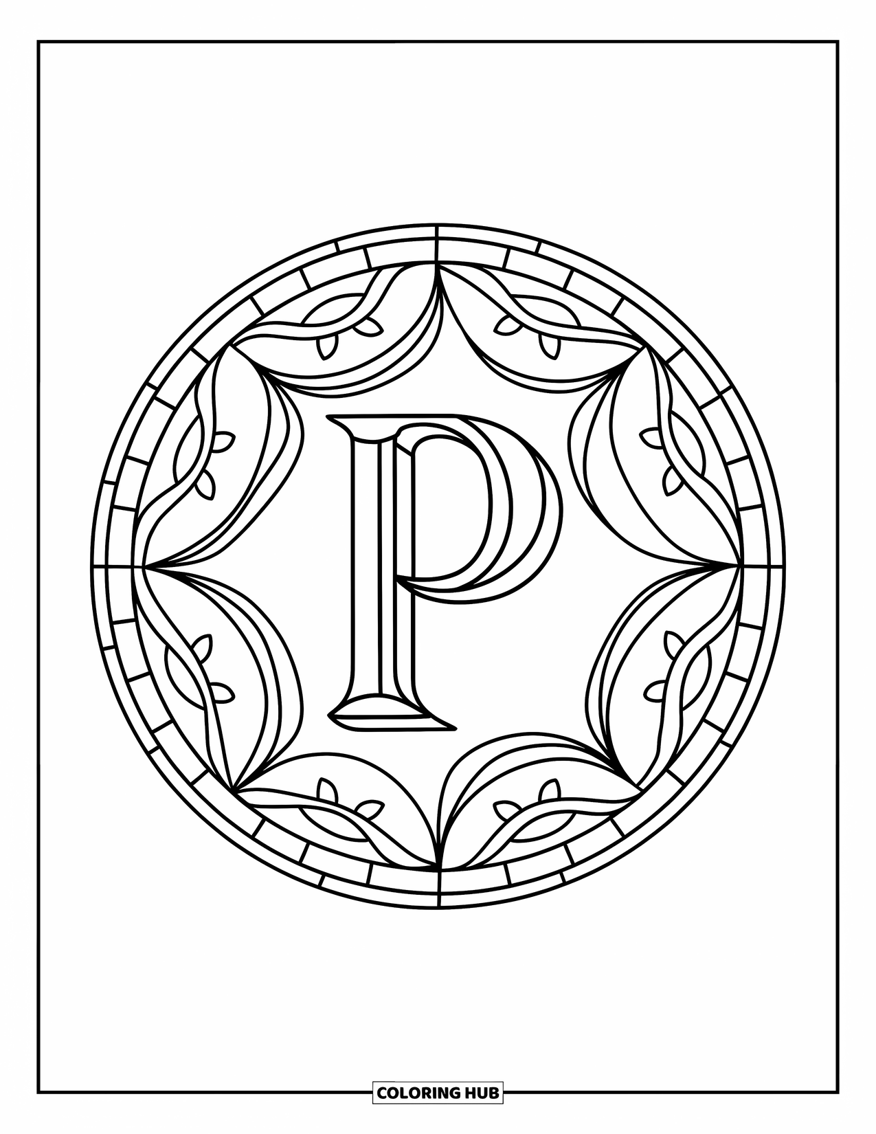 Letter P Coloring Page for Adults: Mosaic glass patterns surround a letter P in a leafy and calming circular design
