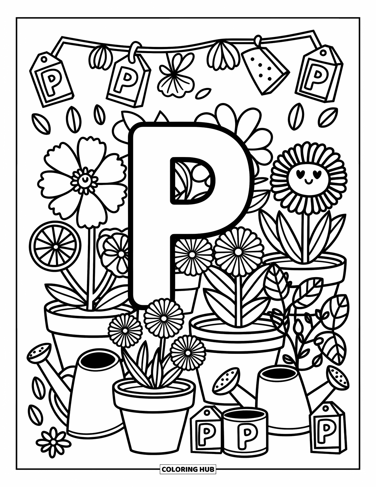Letter P Coloring Page for Adults: P is nestled in a nursery filled with plants, watering cans, and plant tags