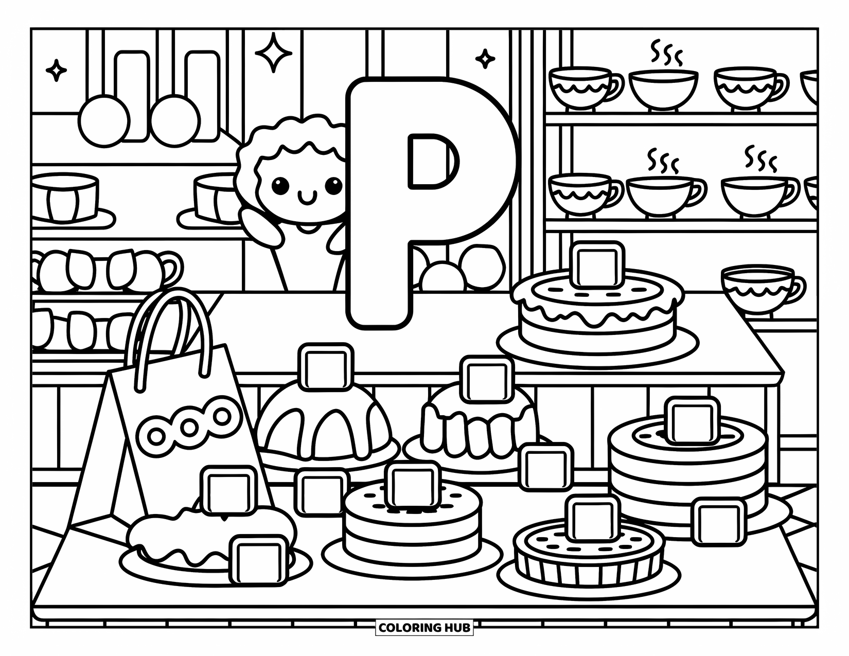Letter P Coloring Page for Adults: P is surrounded by pastries, pies, pancakes, and charming tea mugs in a sweet shop