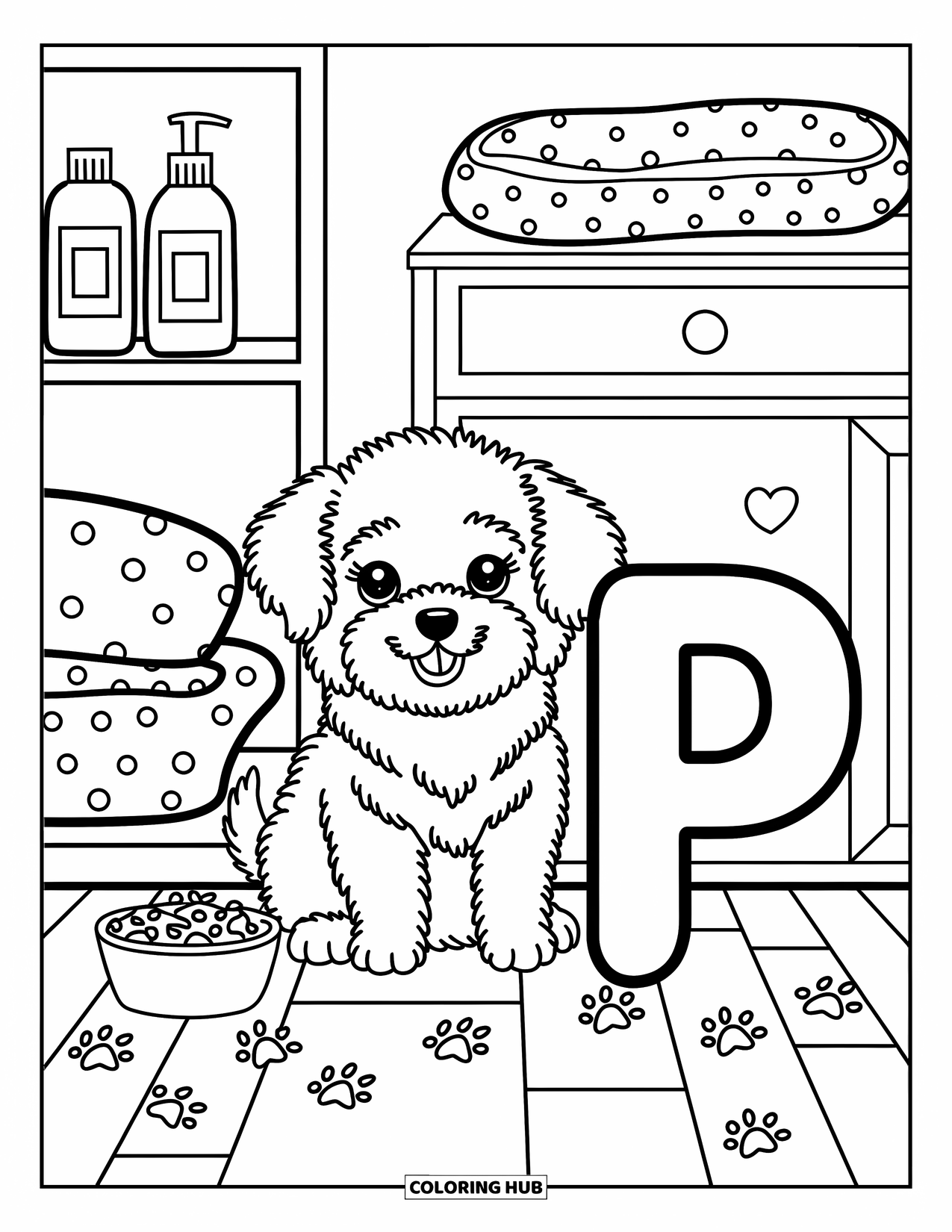 Letter P Coloring Page for Adults: Puppy and letter P sit together surrounded by toys, shampoo, and a plush bed