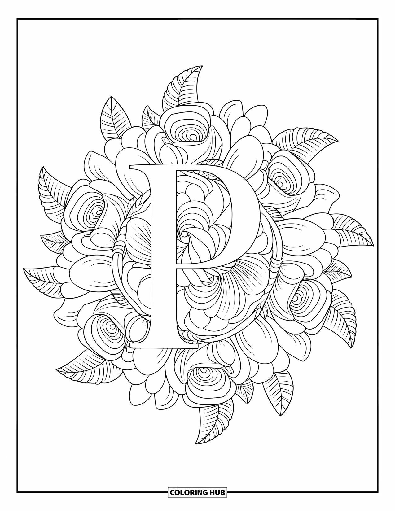 Letter P Coloring Page for Adults: Roses and curling vines bloom around a bold letter P in a floral mandala design