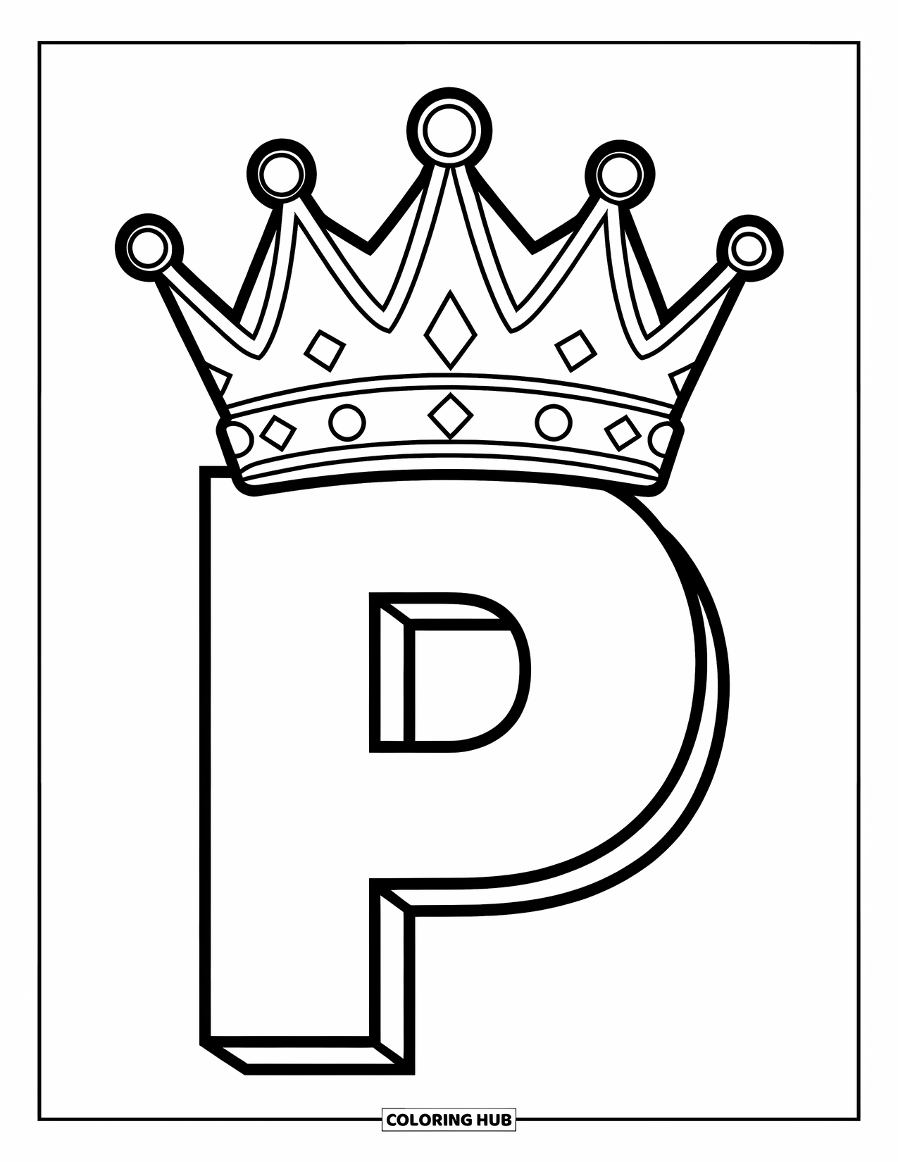 Letter P Coloring Page for Kids: A big P with a gem-studded princess crown is perfect for young royalty fans