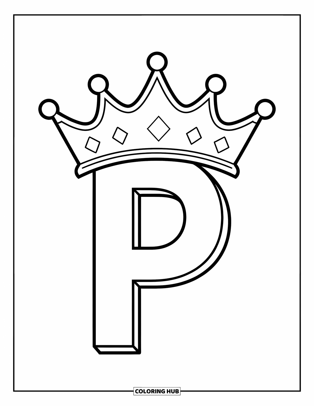 Letter P Coloring Page for Kids: A bold letter P topped with a jeweled crown in a fun, clean style