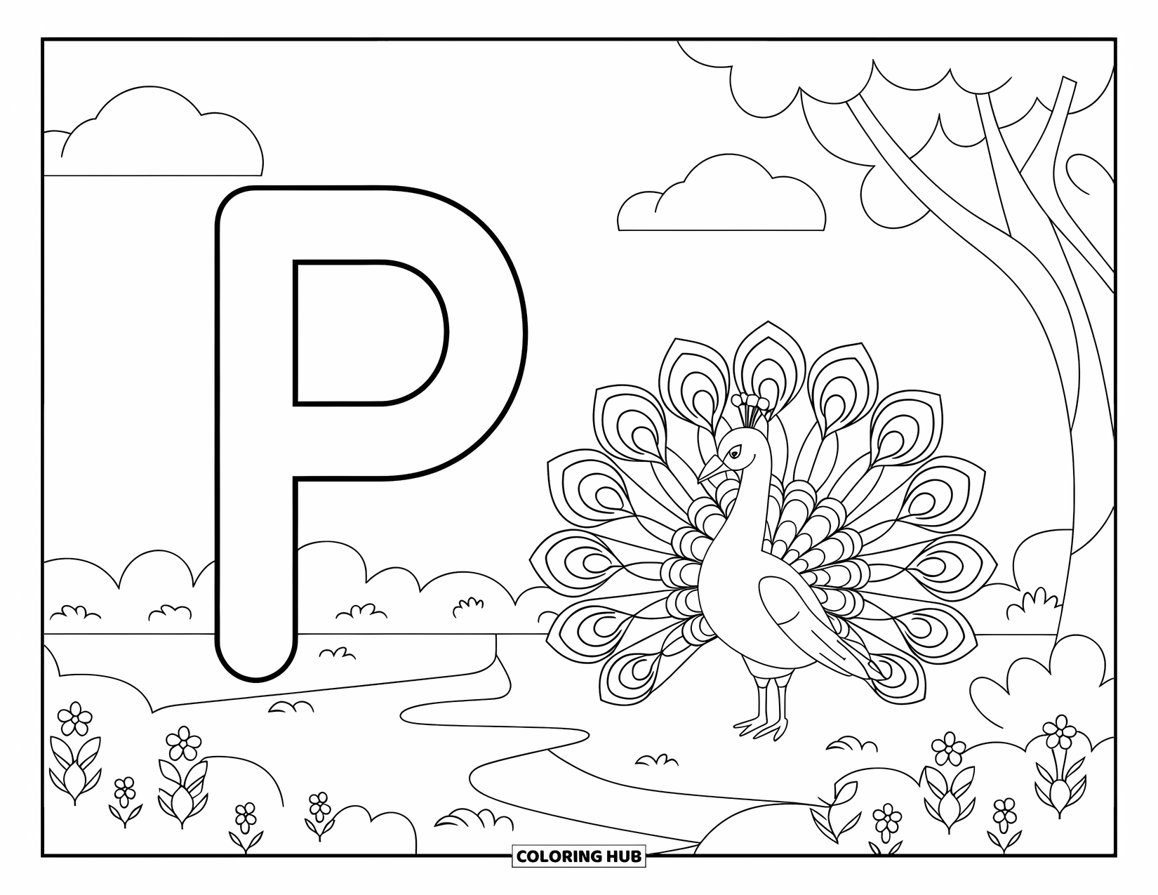 Letter P Coloring Page for Kids: A bold "P" stands tall near a peacock and a blooming garden path