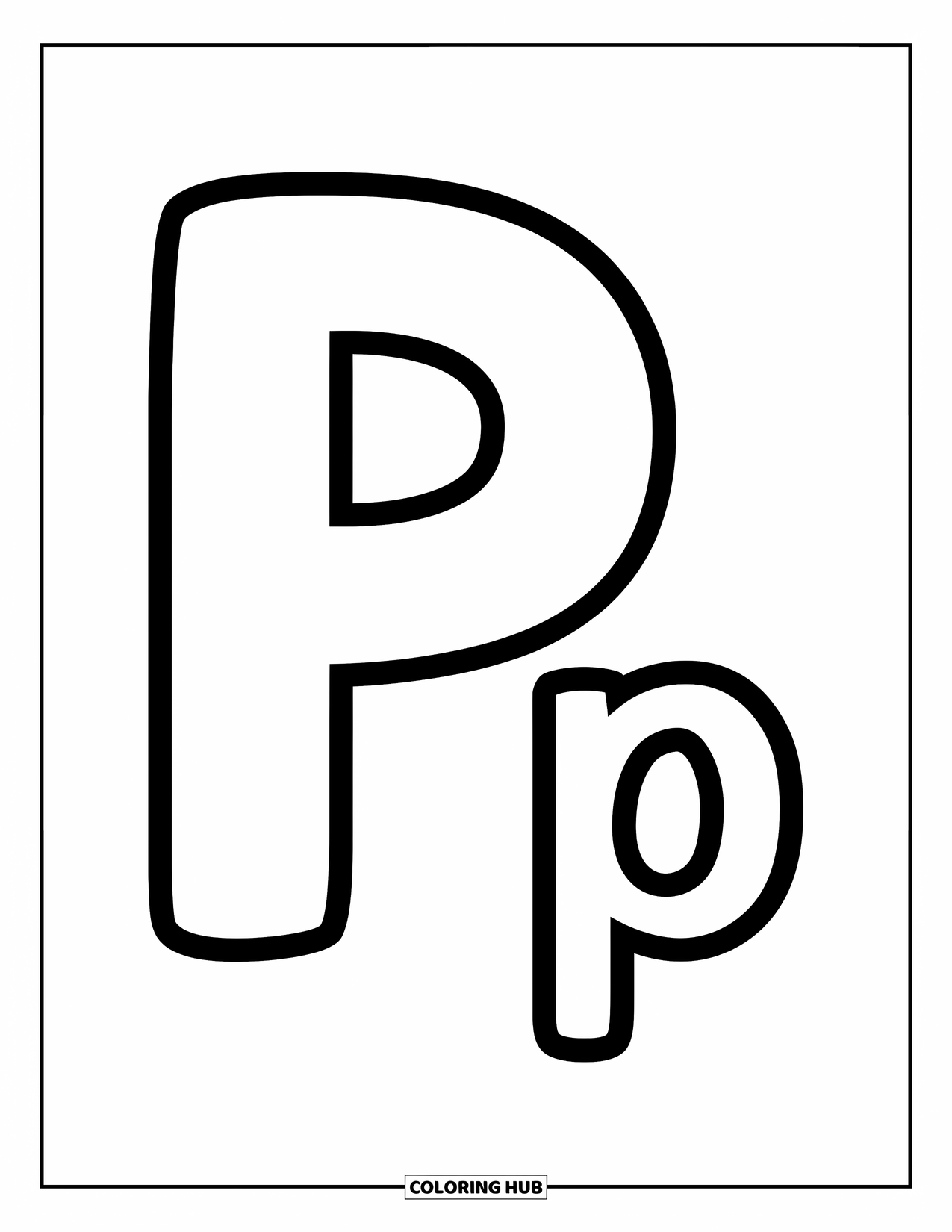 Letter P Coloring Page for Kids: A bold uppercase P and a smaller lowercase p stand side by side for preschool fun