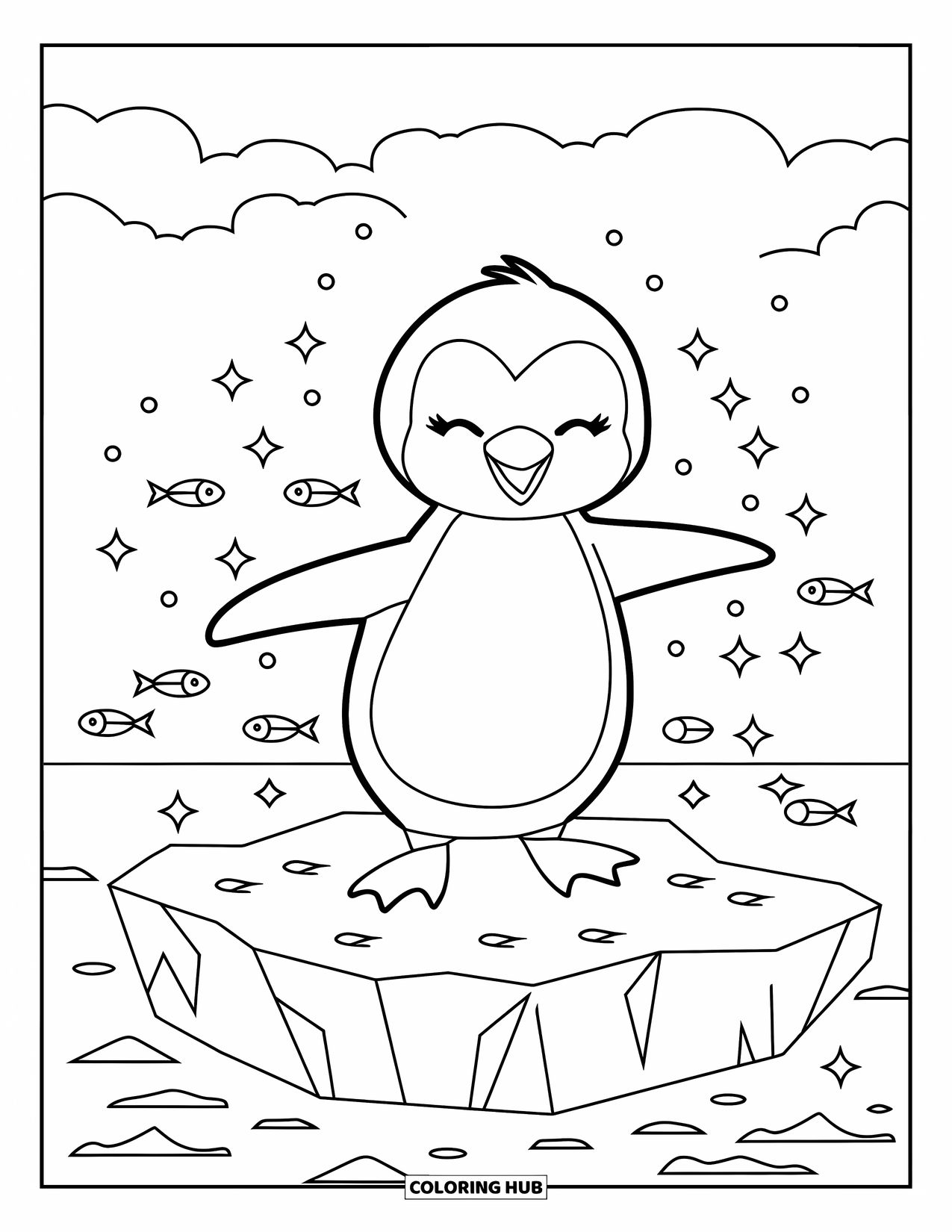 Letter P Coloring Page for Kids: A calm penguin balances on ice with closed eyes, sparkles, and little fish swimming