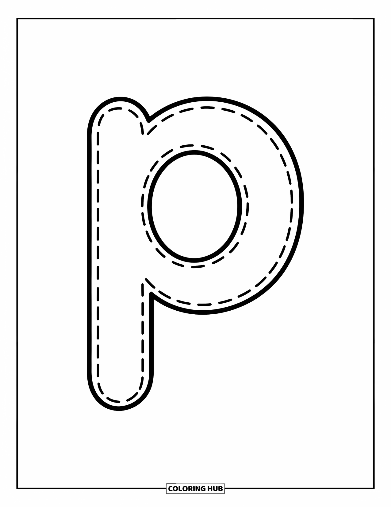 Letter P Coloring Page for Kids: A cheerful lowercase p in dotted style helps preschoolers trace with confidence