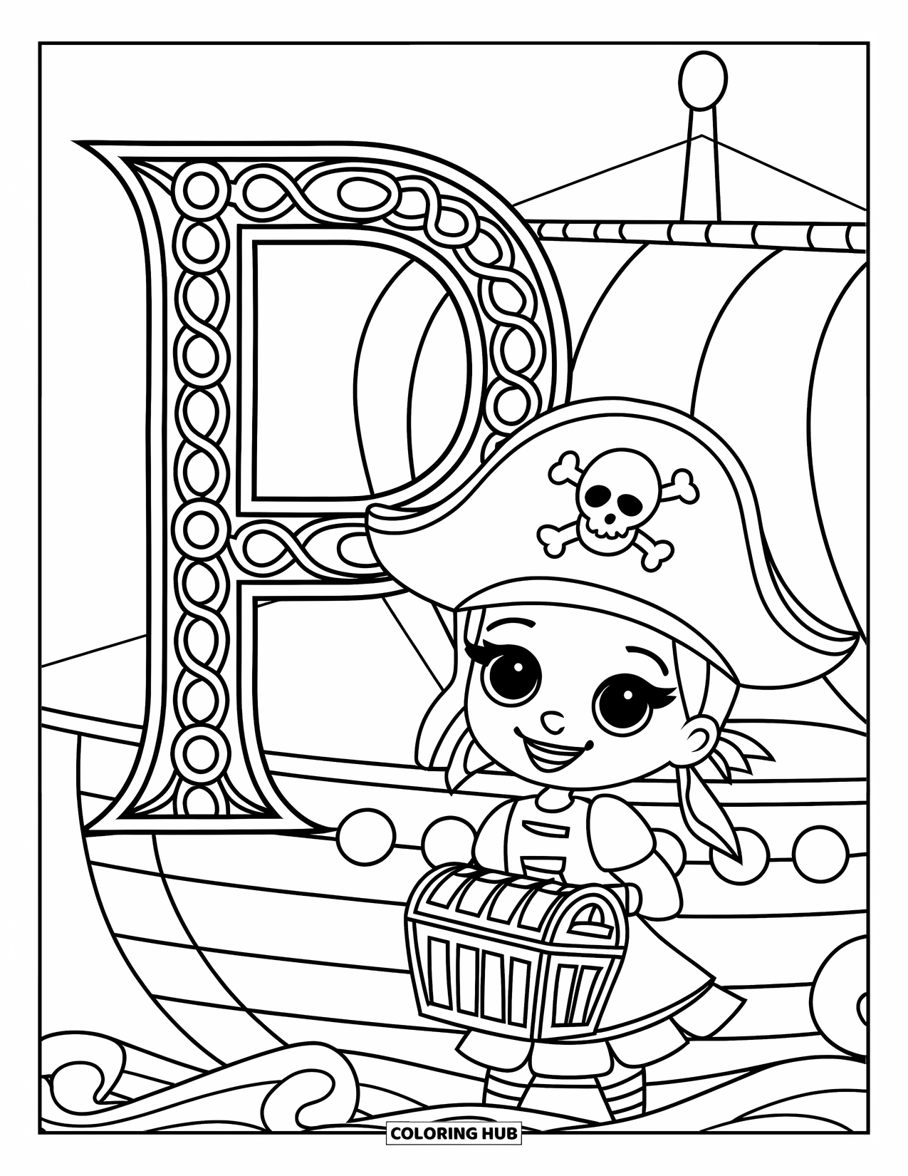 Letter P Coloring Page for Kids: A cheerful pirate girl with a hat and chest rests near the letter P