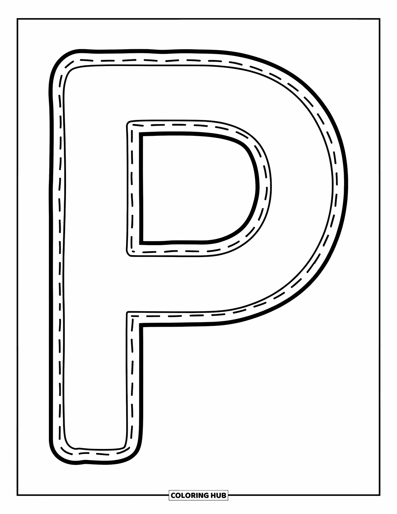 Letter P Coloring Page for Kids: A cheerful uppercase P in dotted lines, perfect for early tracing practice
