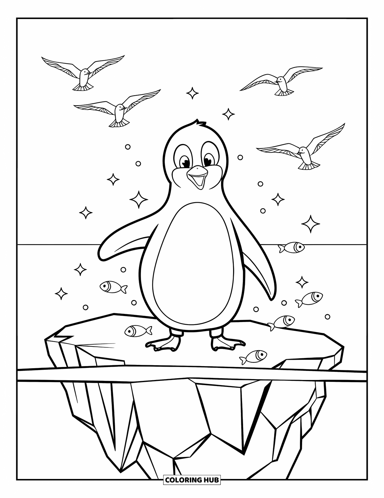 Letter P Coloring Page for Kids: A confident penguin floats on cracked ice with flying gulls and sparkling water
