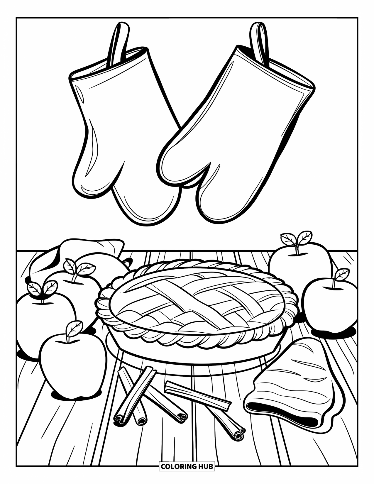 Letter P Coloring Page for Kids: A cozy pie on a table is surrounded by apples, spices, and kitchen gear