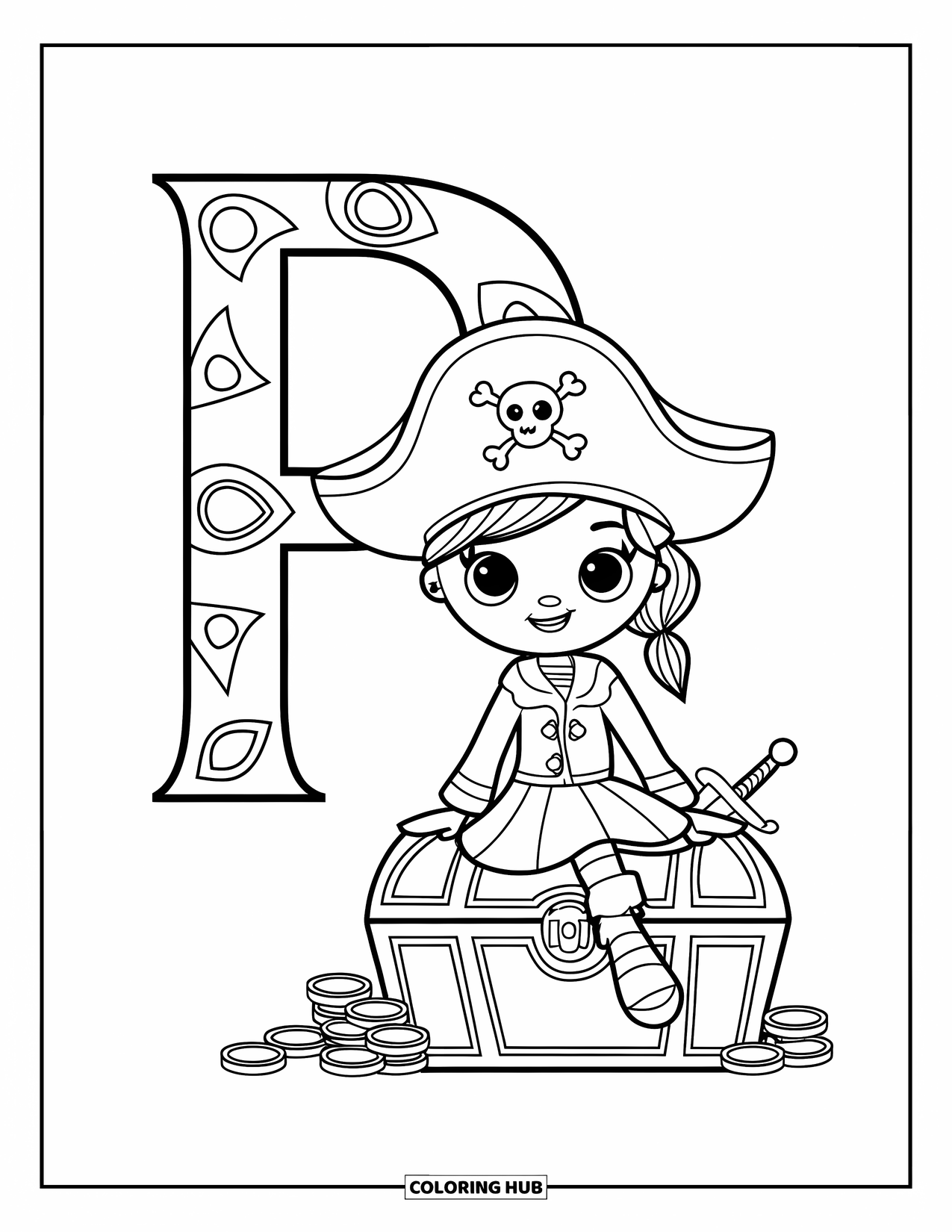 Letter P Coloring Page for Kids: A cute girl pirate poses beside the letter P with her gold and sword