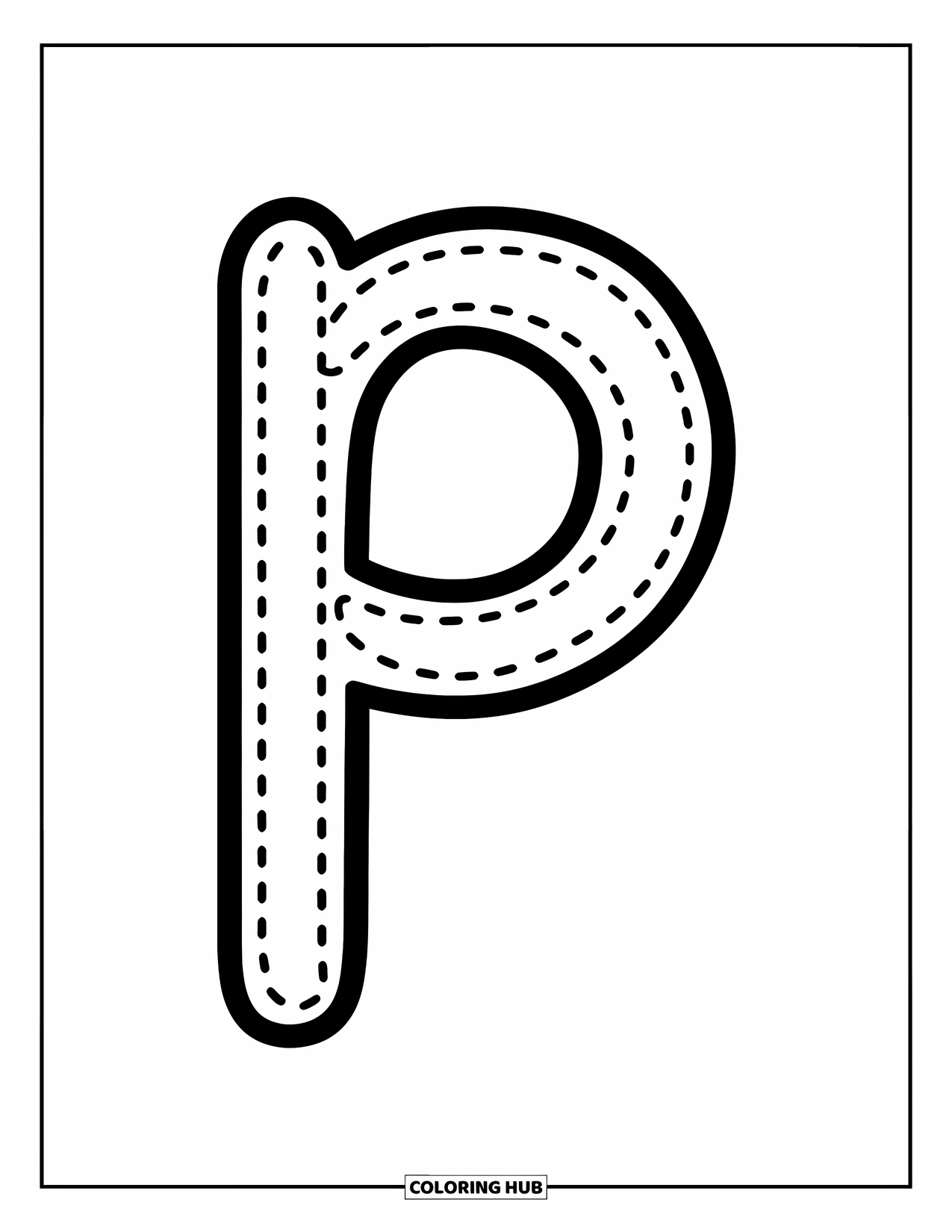 Letter P Coloring Page for Kids: A dotted lowercase p makes tracing fun and easy for little learners