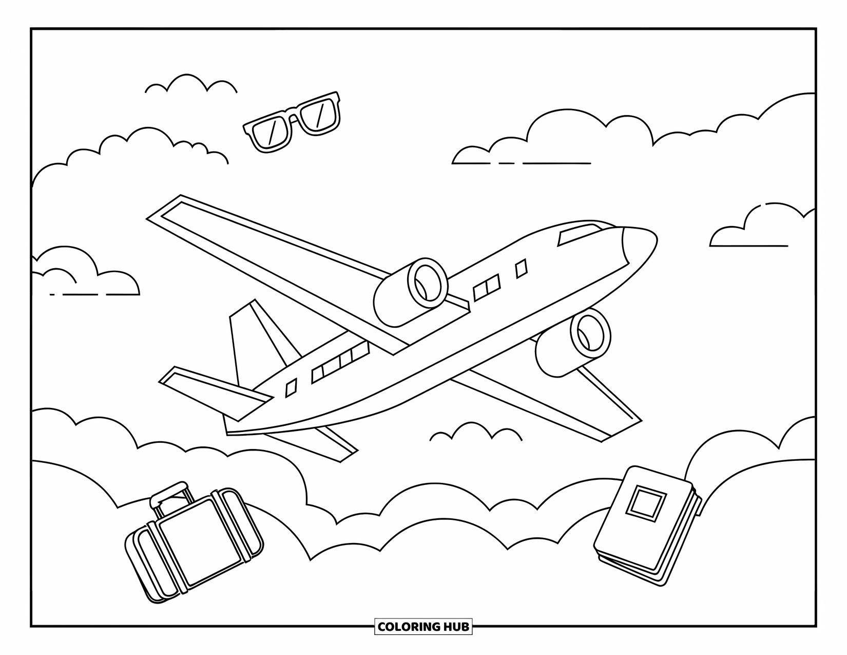 Letter P Coloring Page for Kids: A flying plane cruises through clouds with luggage, sunglasses, and a passport nearby