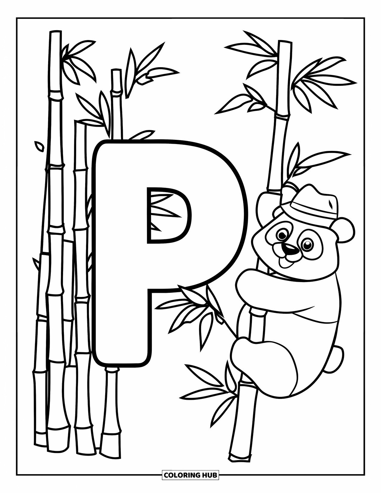 Letter P Coloring Page for Kids: A happy panda wearing a hat climbs bamboo near the letter P