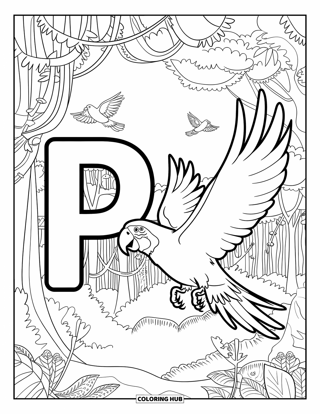 Letter P Coloring Page for Kids: A jungle parrot carries a big P as birds fly and vines sway around