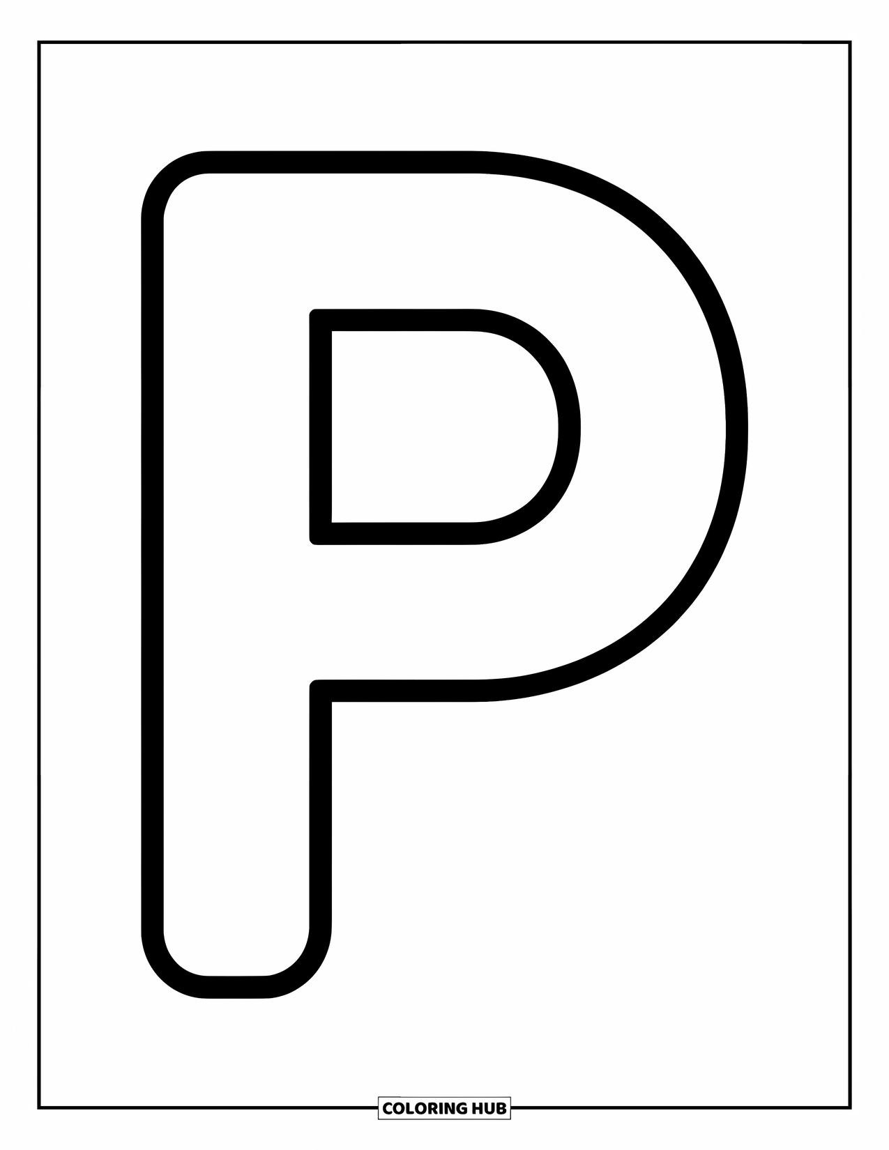 Letter P Coloring Page for Kids: A large uppercase P with thick lines, perfect for preschool coloring activities