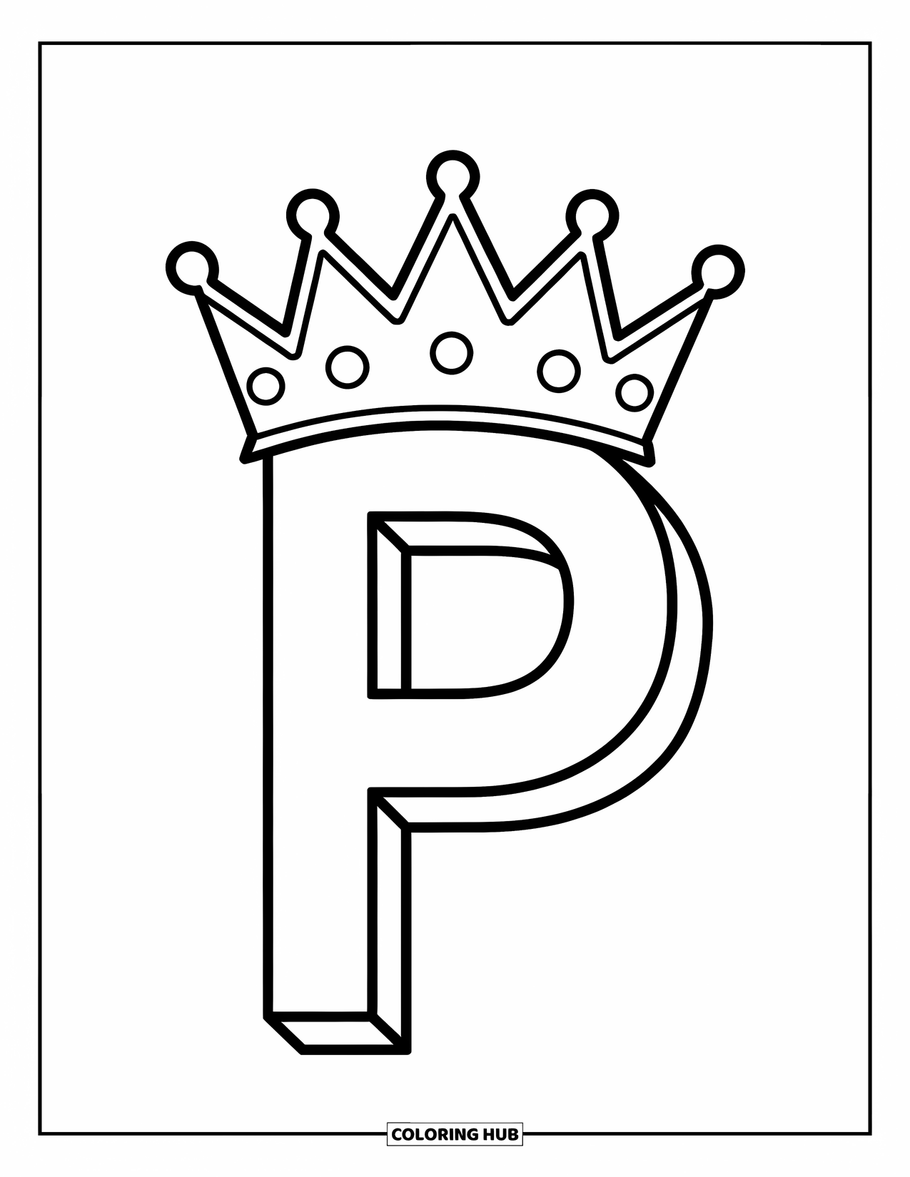 Letter P Coloring Page for Kids: A letter P wears a princess crown with a simple and fun design