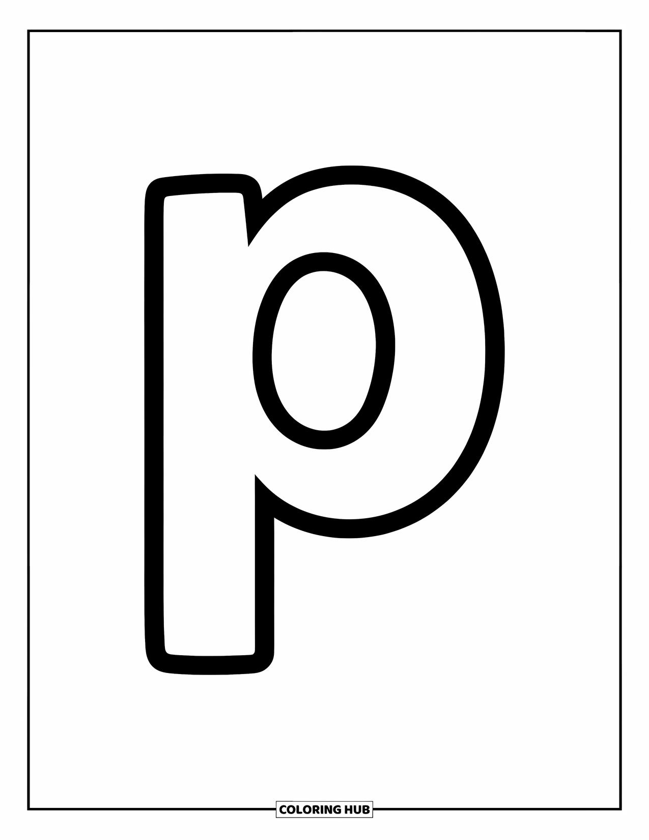 Letter P Coloring Page for Kids: A lowercase p with thick outlines sits proudly in the center of the page