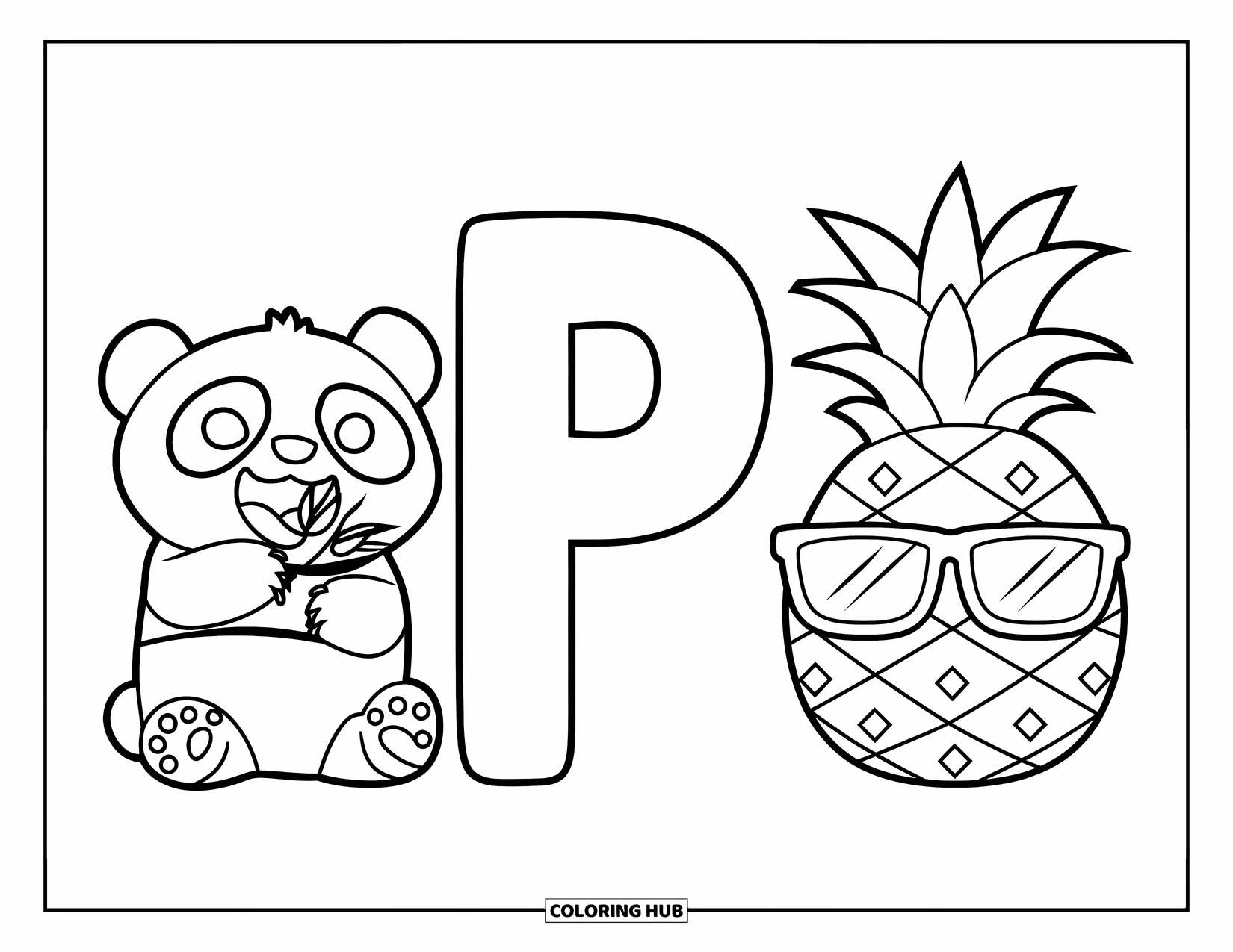 Letter P Coloring Page for Kids: A panda munches bamboo beside a big P, while a pineapple in shades stands by