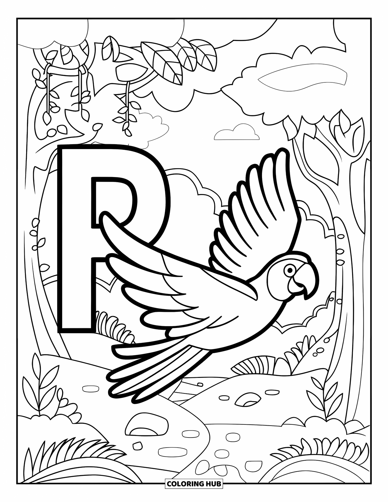 Letter P Coloring Page for Kids: A parrot flies through a jungle full of vines and trees beside the letter P