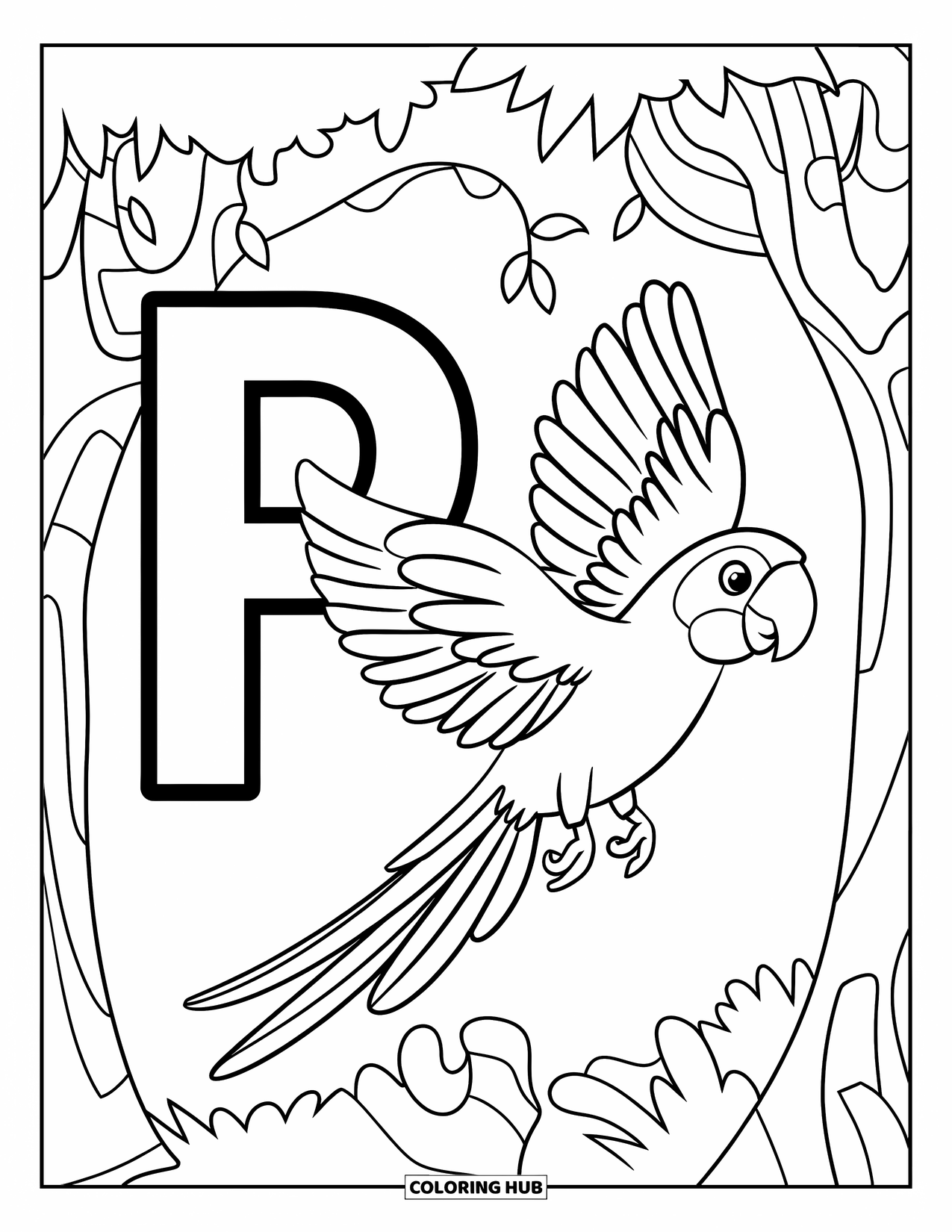 Letter P Coloring Page for Kids: A parrot zooms past the letter P in a jungle filled with trees and vines