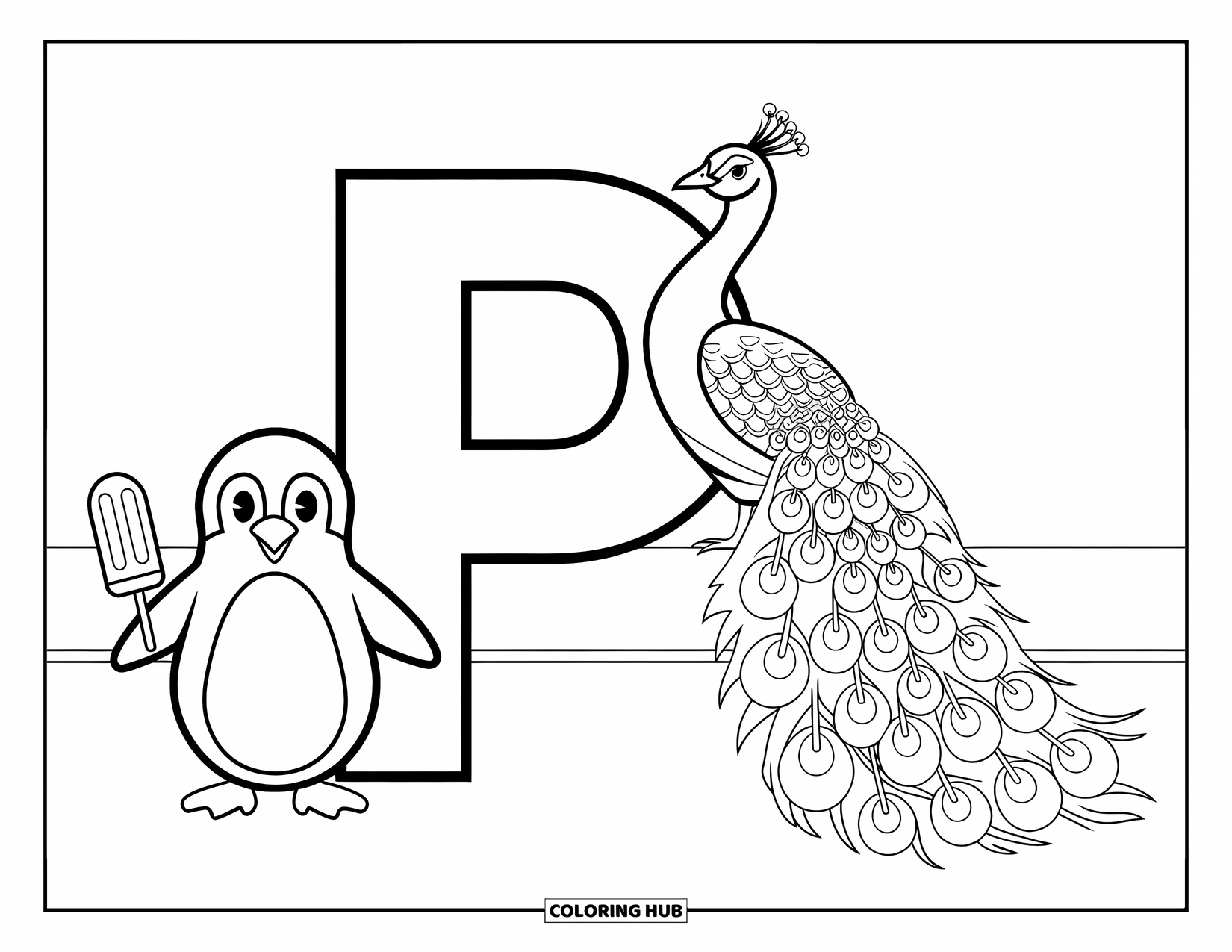 Letter P Coloring Page for Kids: A peacock perches near a P, while a penguin holds a popsicle down below
