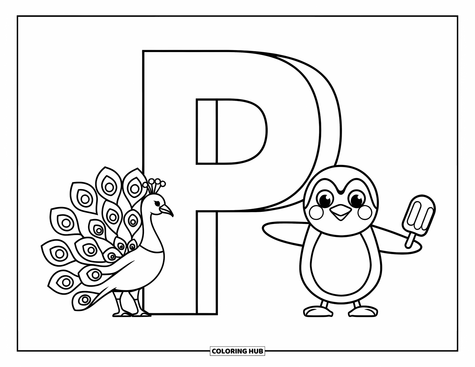 Letter P Coloring Page for Kids: A peacock shows feathers while a penguin enjoys a popsicle beside two letter P's