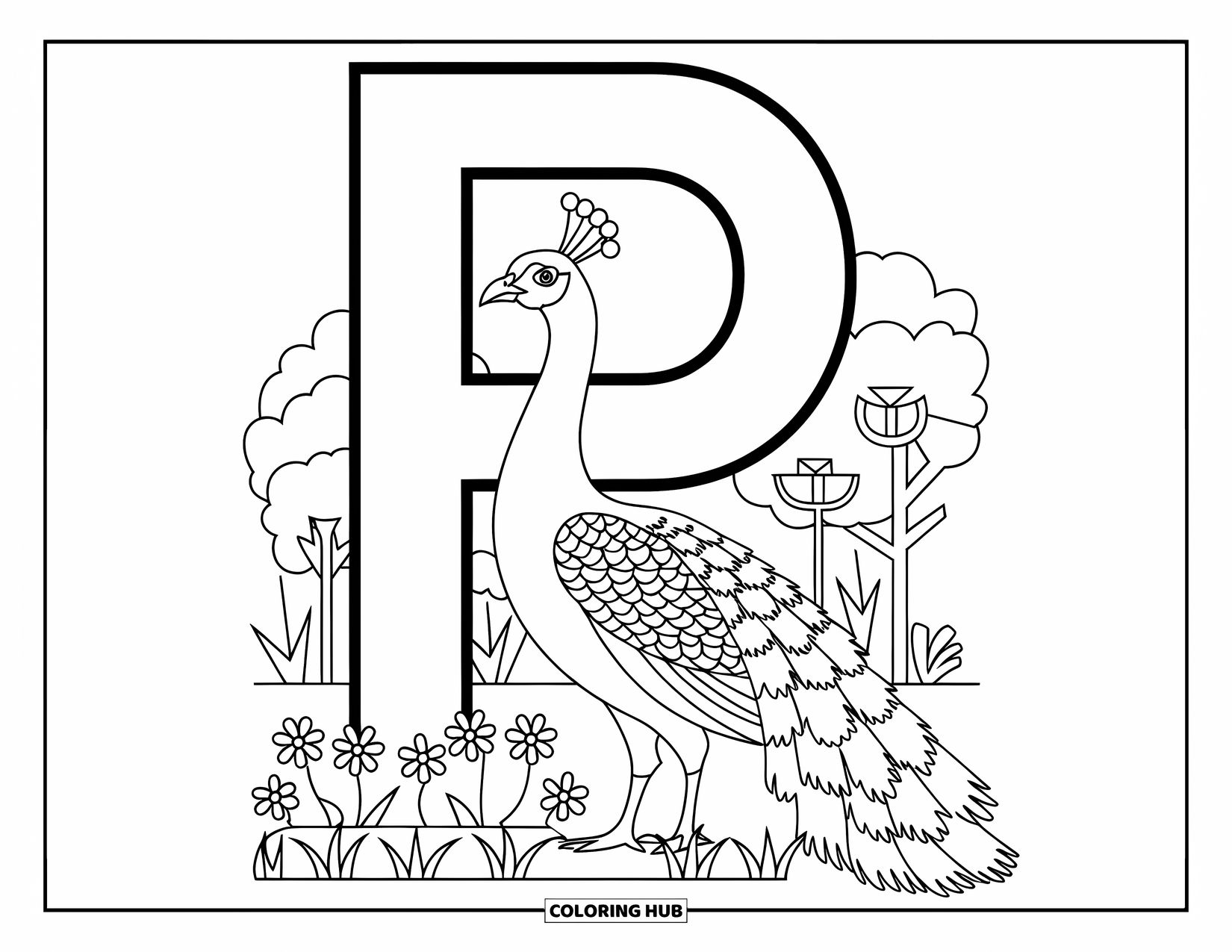 Letter P Coloring Page for Kids: A peacock stands beside the letter "P" in a flower-filled garden