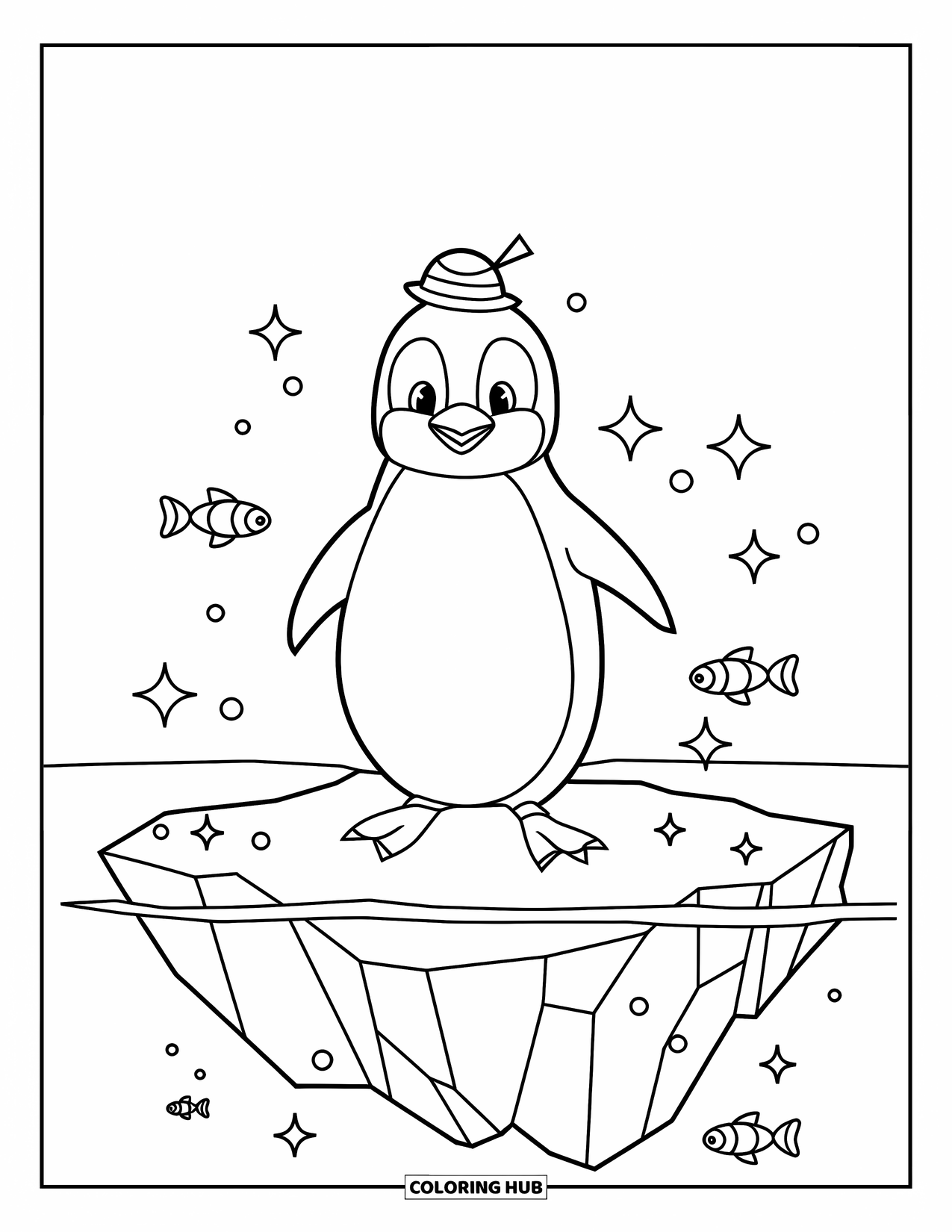 Letter P Coloring Page for Kids: A penguin in a tiny hat stands proudly on an iceberg with fish nearby