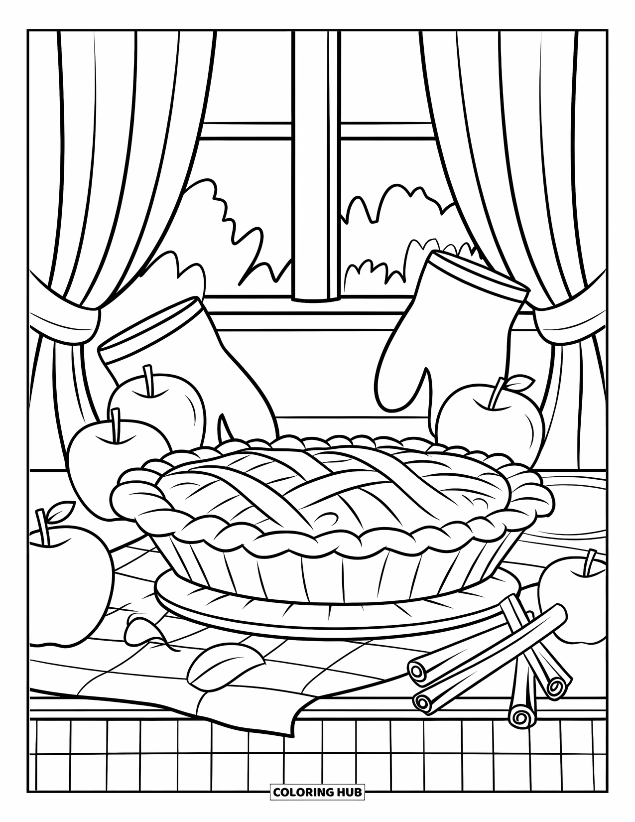 Letter P Coloring Page for Kids: A pie rests on a checkered table near apples and a curtained window
