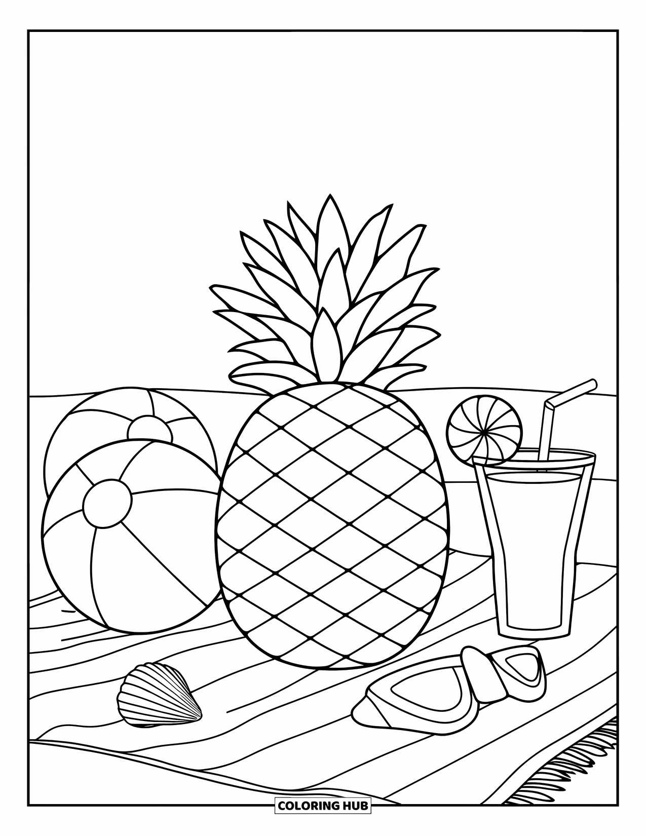 Letter P Coloring Page for Kids: A pineapple lounges on a beach towel with shells, beach balls, and a cool drink