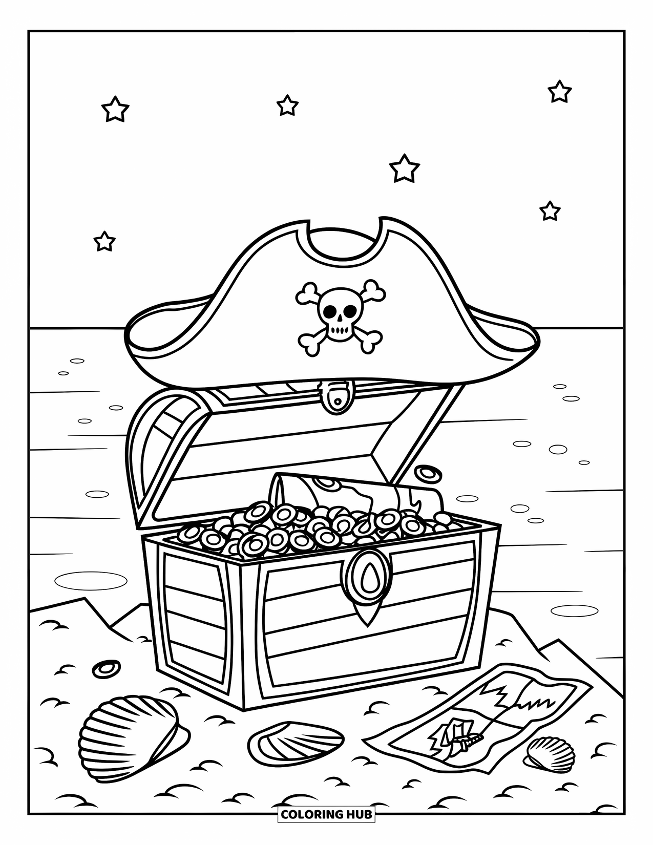 Letter P Coloring Page for Kids: A pirate chest sits by the sea under stars, filled with coins and a map