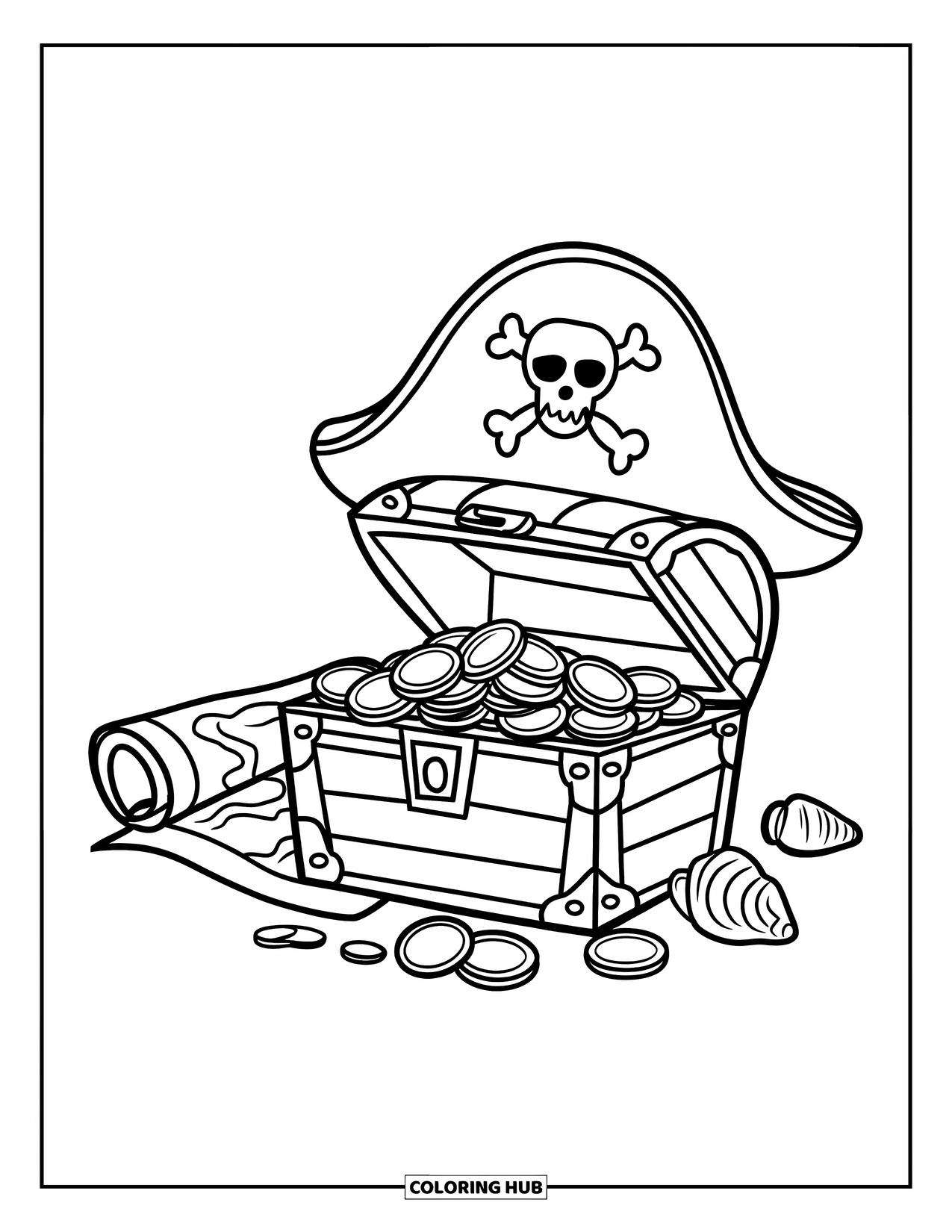 Letter P Coloring Page for Kids: A pirate chest with a hat and scattered shells holds shiny coins and a map