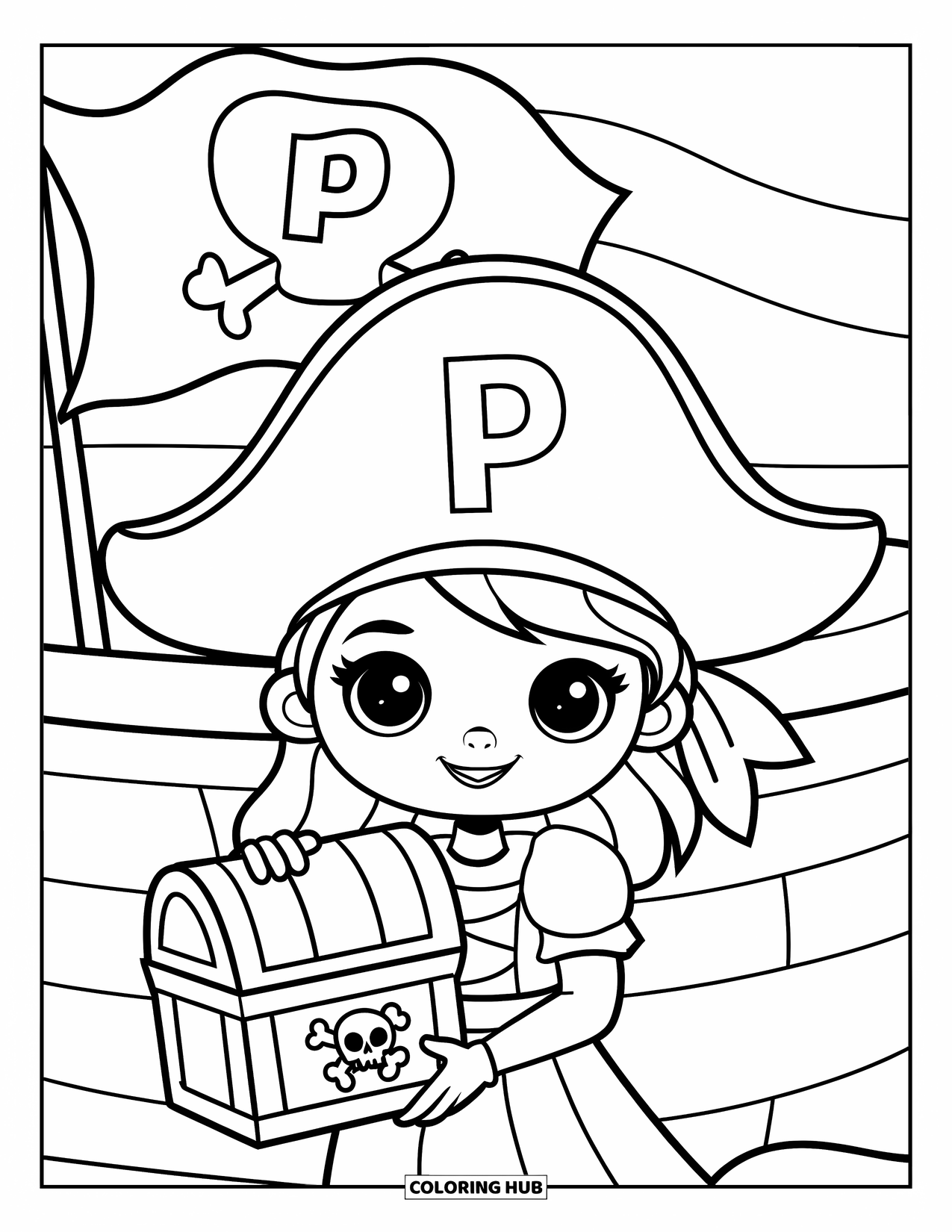 Letter P Coloring Page for Kids: A pirate girl holds her treasure near a ship flag showing a big P