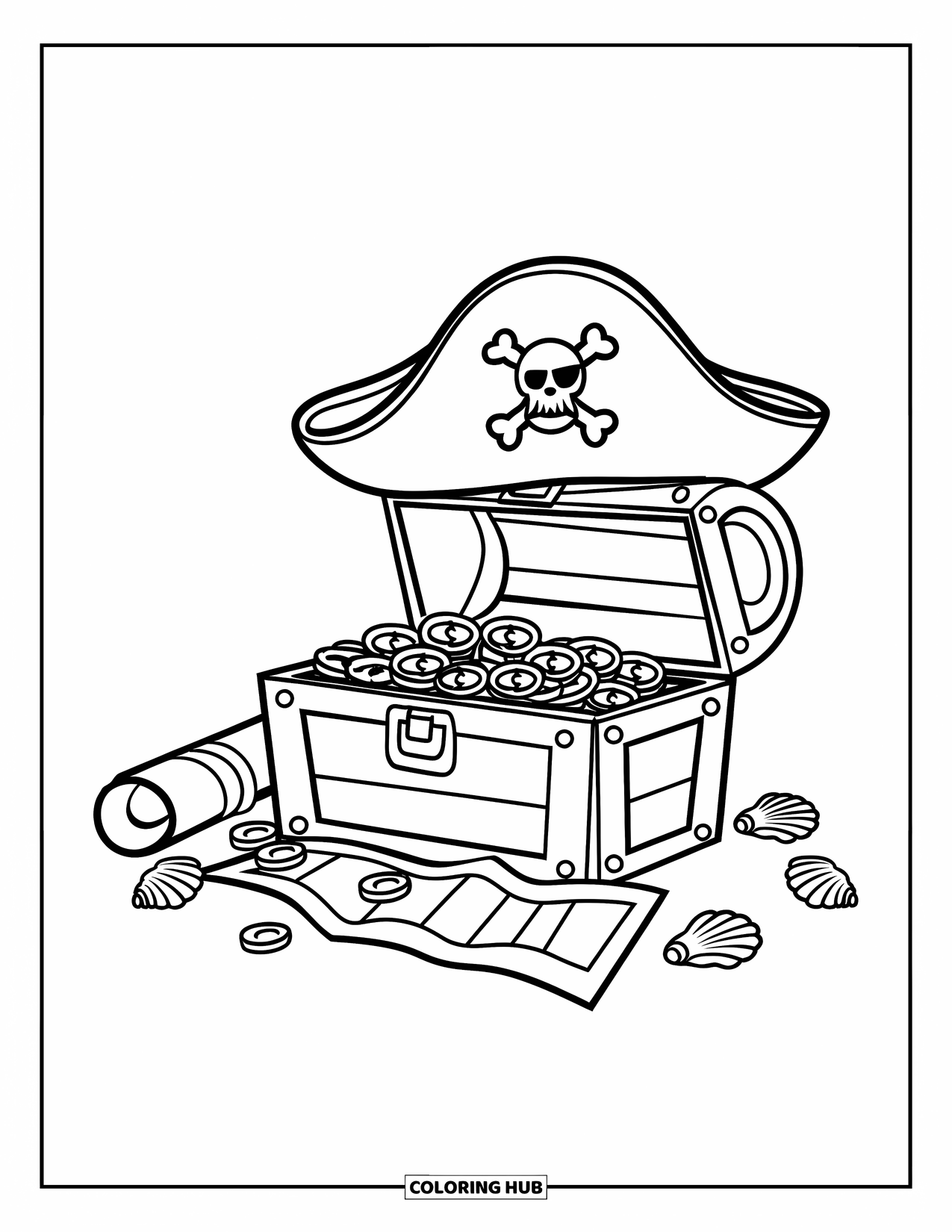 Letter P Coloring Page for Kids: A pirate hat tops a treasure chest filled with gold, maps, and seashells