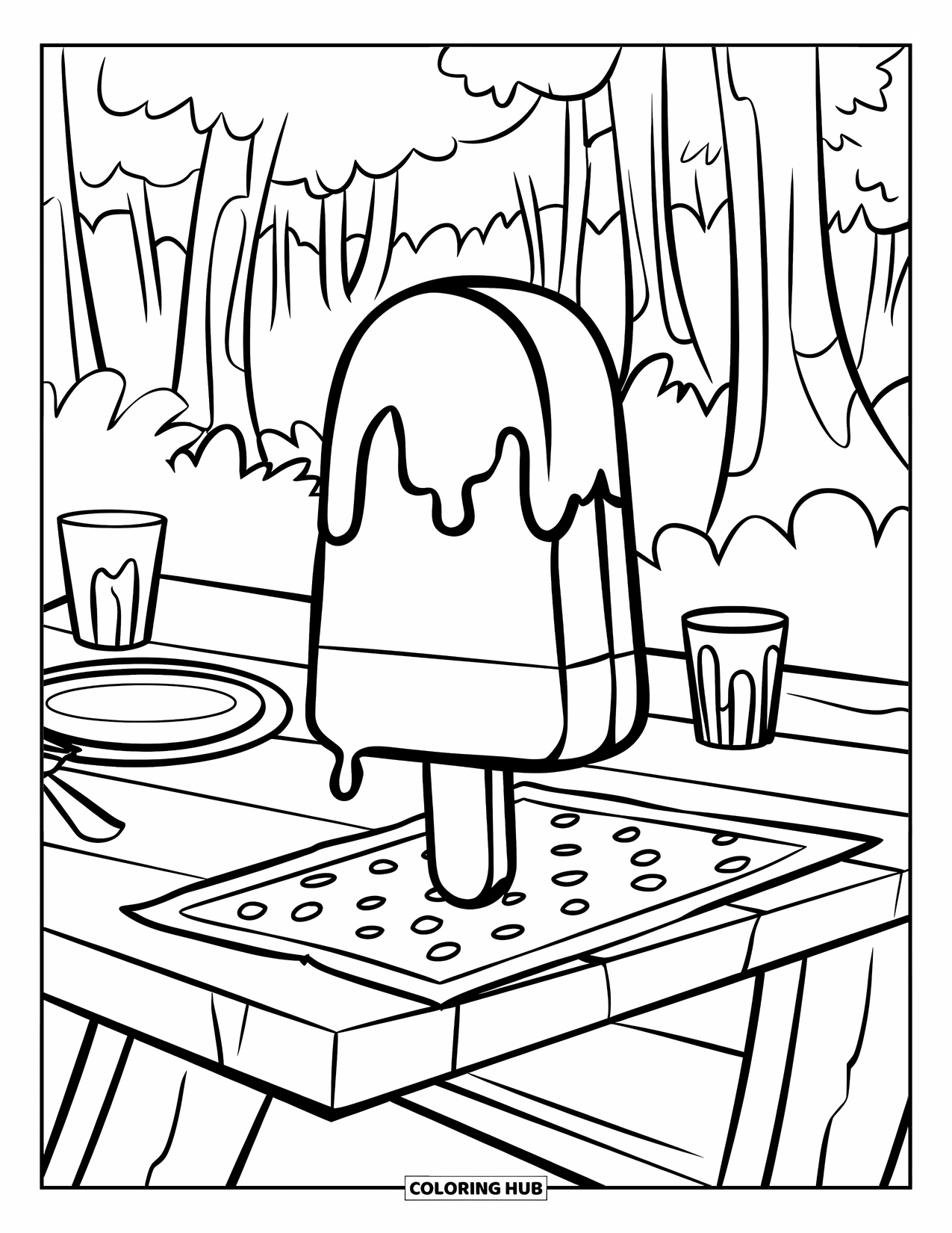 Letter P Coloring Page for Kids: A popsicle drips on a picnic table with forest trees in the background