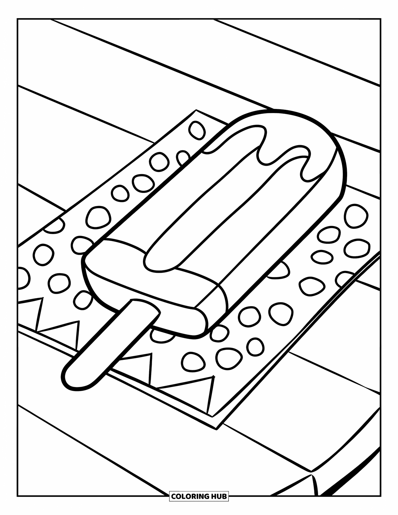 Letter P Coloring Page for Kids: A popsicle slowly drips on a picnic table with a polka-dot napkin underneath