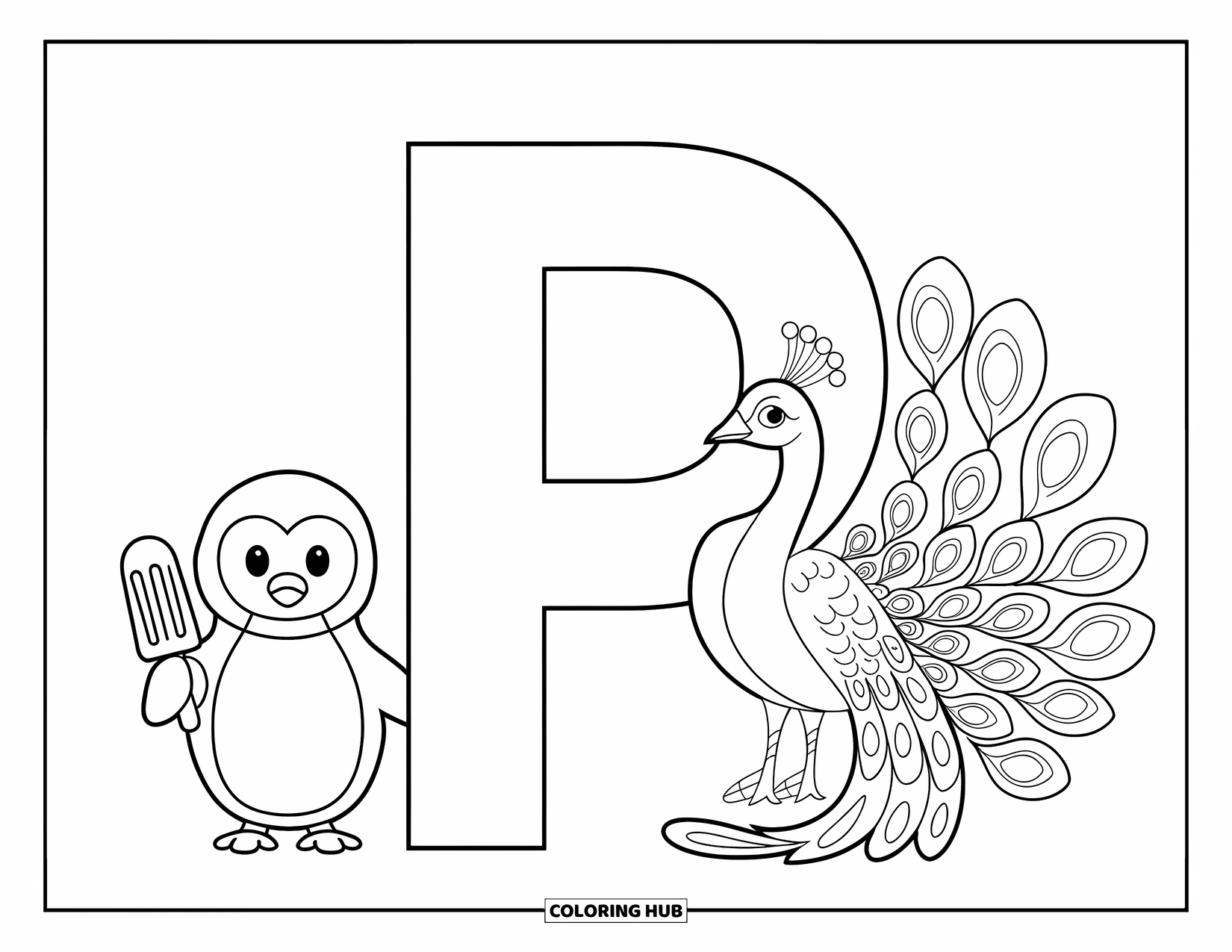 Letter P Coloring Page for Kids: A pretty peacock and a penguin with a popsicle stand beside big and little P