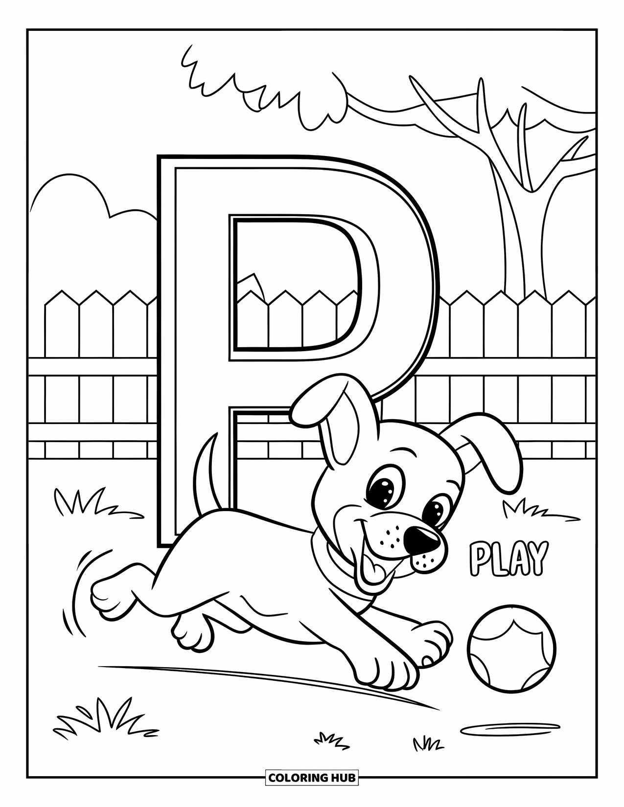 Letter P Coloring Page for Kids: A puppy barks while chasing a ball near a fence, tree, and playful letter P