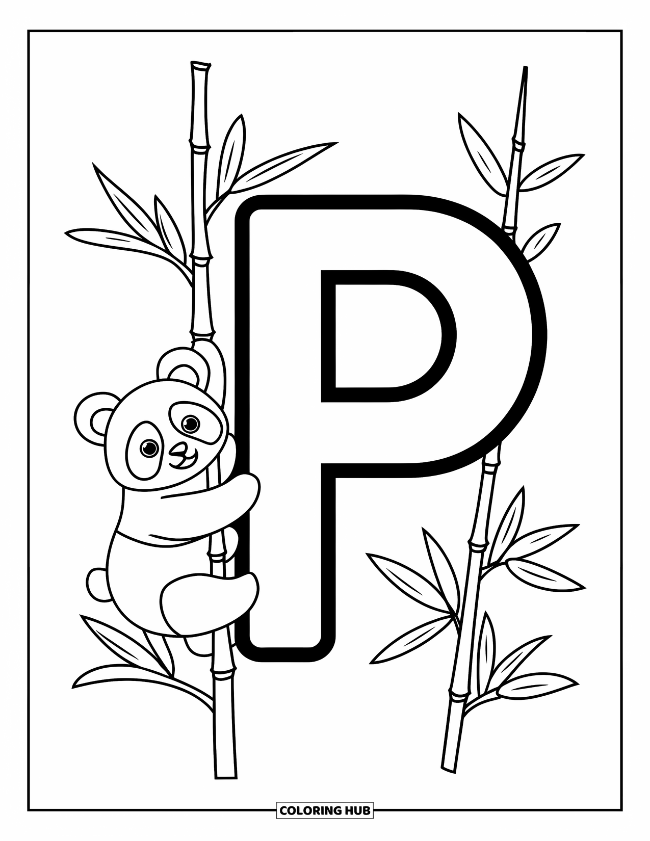 Letter P Coloring Page for Kids: A smiling panda climbs bamboo beside a big letter P