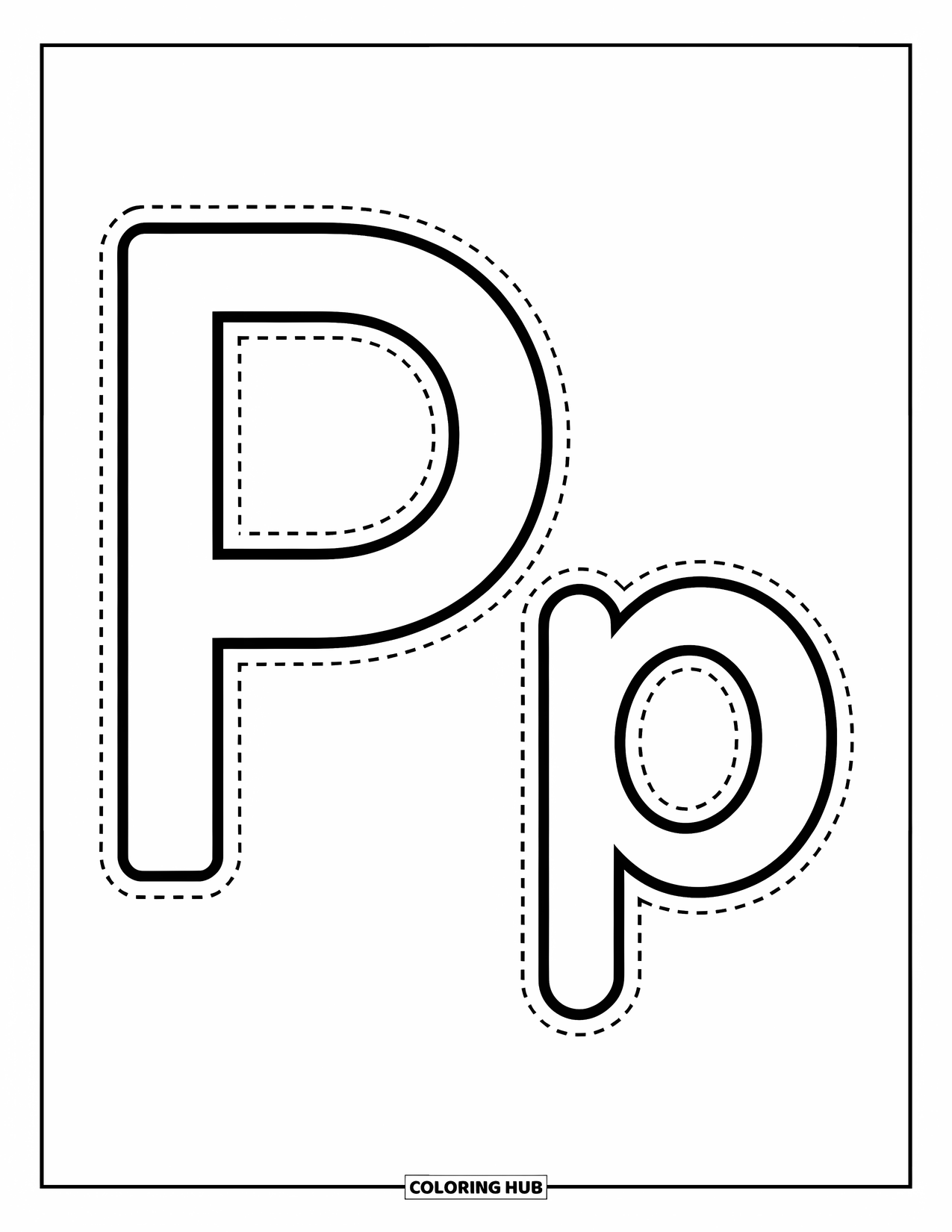 Letter P Coloring Page for Kids: Big and small P are traced with dots to help preschoolers learn their letters