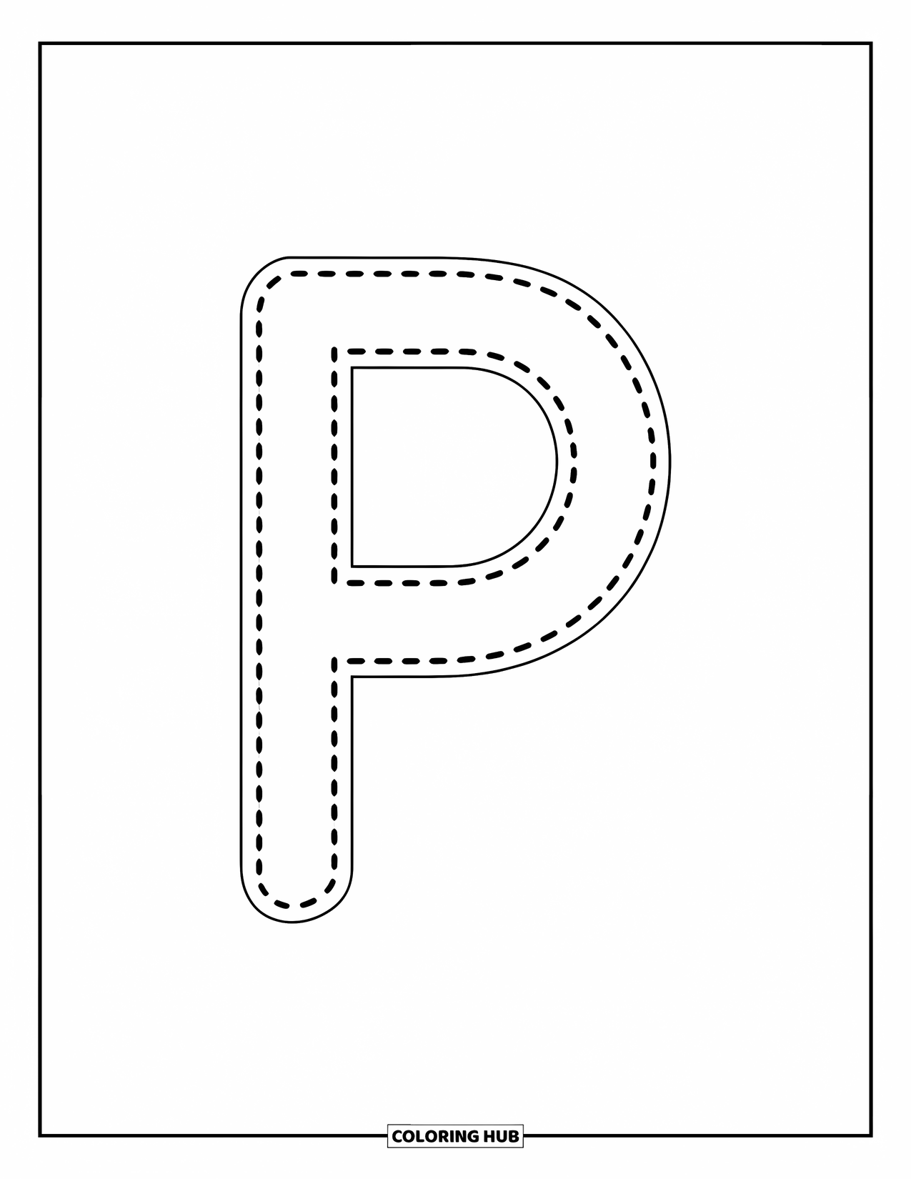 Letter P Coloring Page for Kids: The letter p in dotted lines is ready for tracing and early writing fun