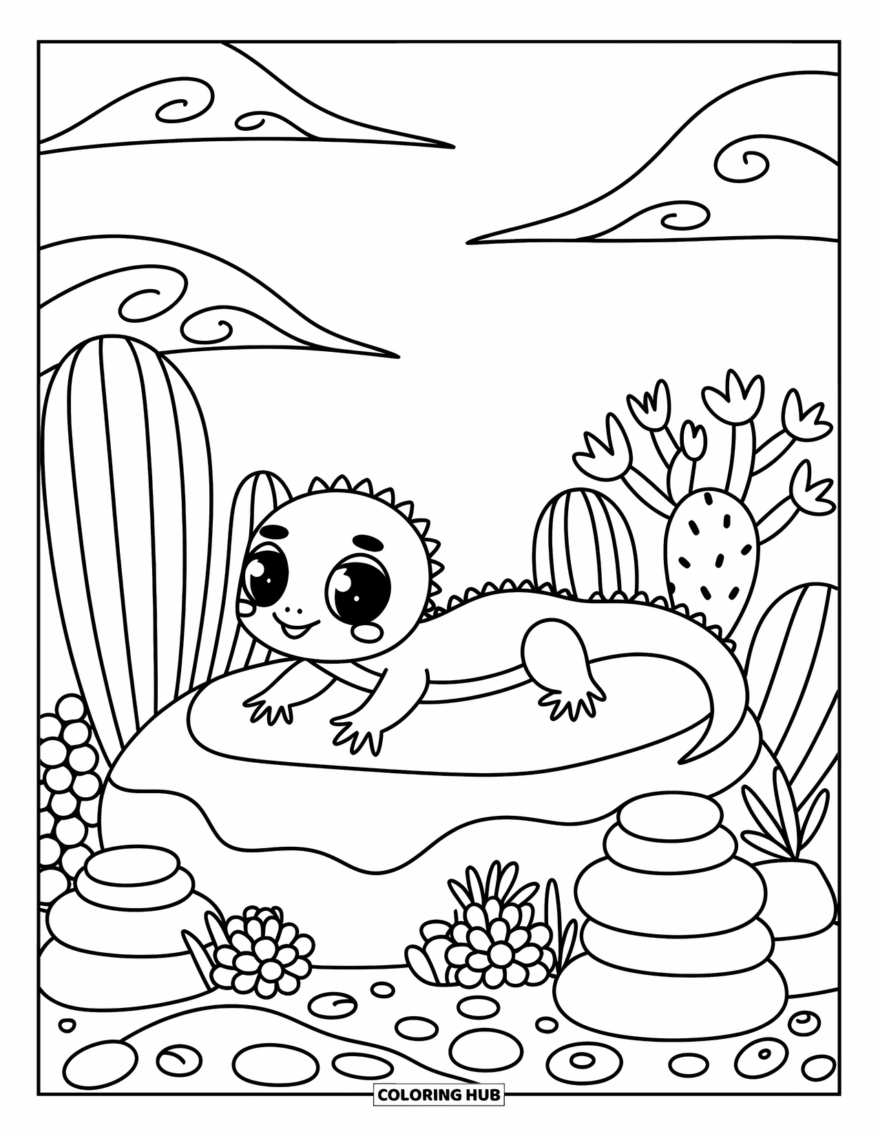 Lizard Coloring Page for Adults: A baby lizard stretches on a rock with cactus, flowers, and drifting clouds nearby
