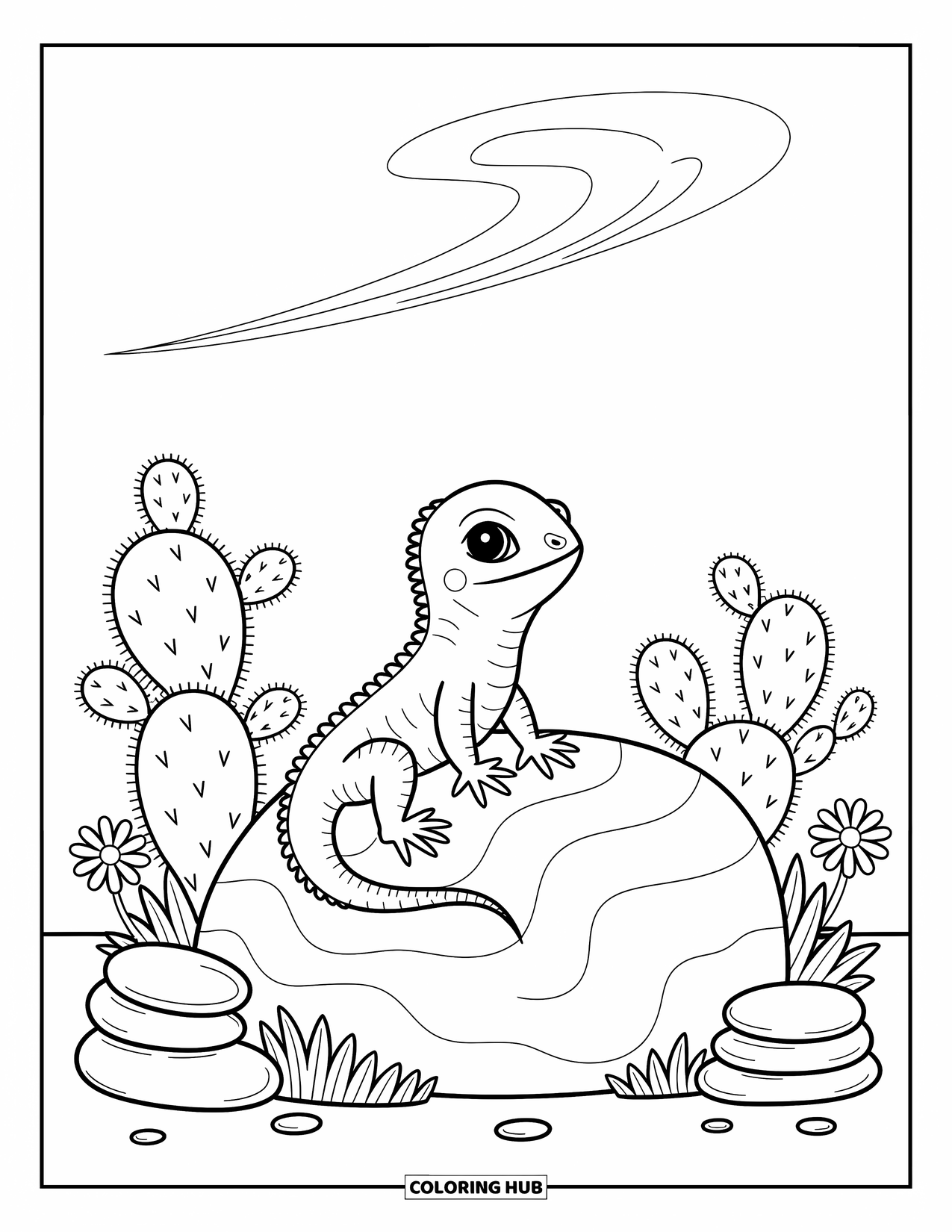 Lizard Coloring Page for Adults: A baby lizard stretches on a sunny desert rock beside cacti and desert flowers