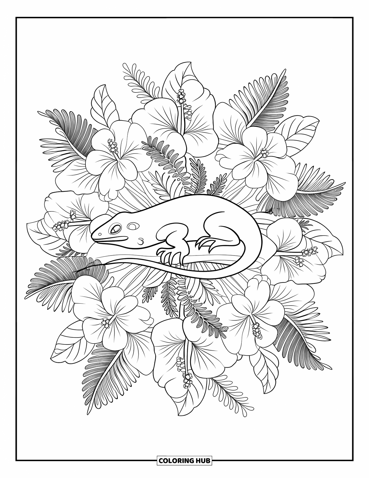 Lizard Coloring Page for Adults: A calm lizard rests inside a mandala of hibiscus, banana leaves, and ferns