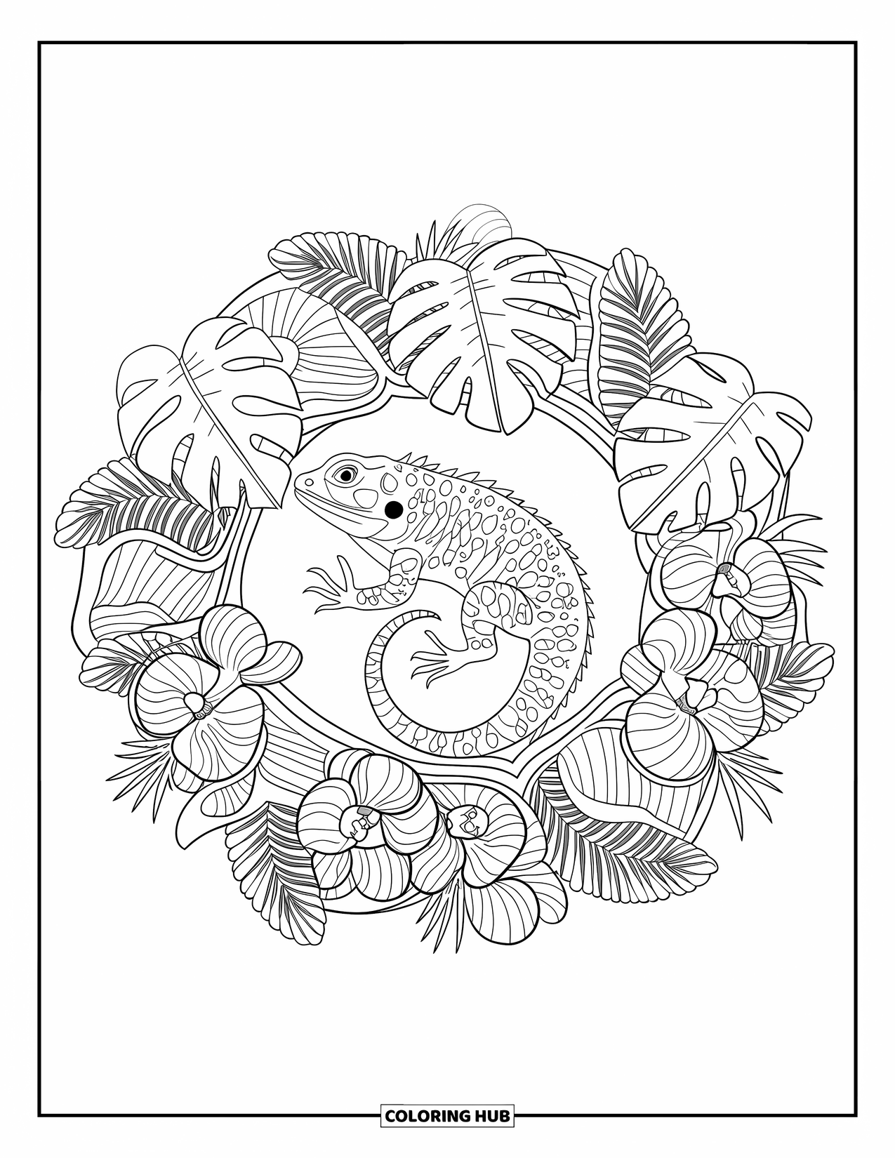 Lizard Coloring Page for Adults: A central lizard is framed by detailed monstera, palms, and orchids