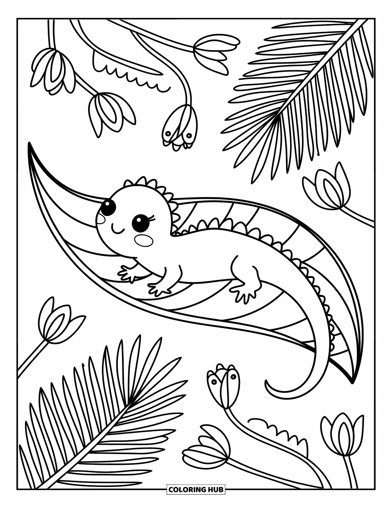 Lizard Coloring Page for Adults: A cozy lizard lounges on a giant leaf with snails and gentle fronds around it
