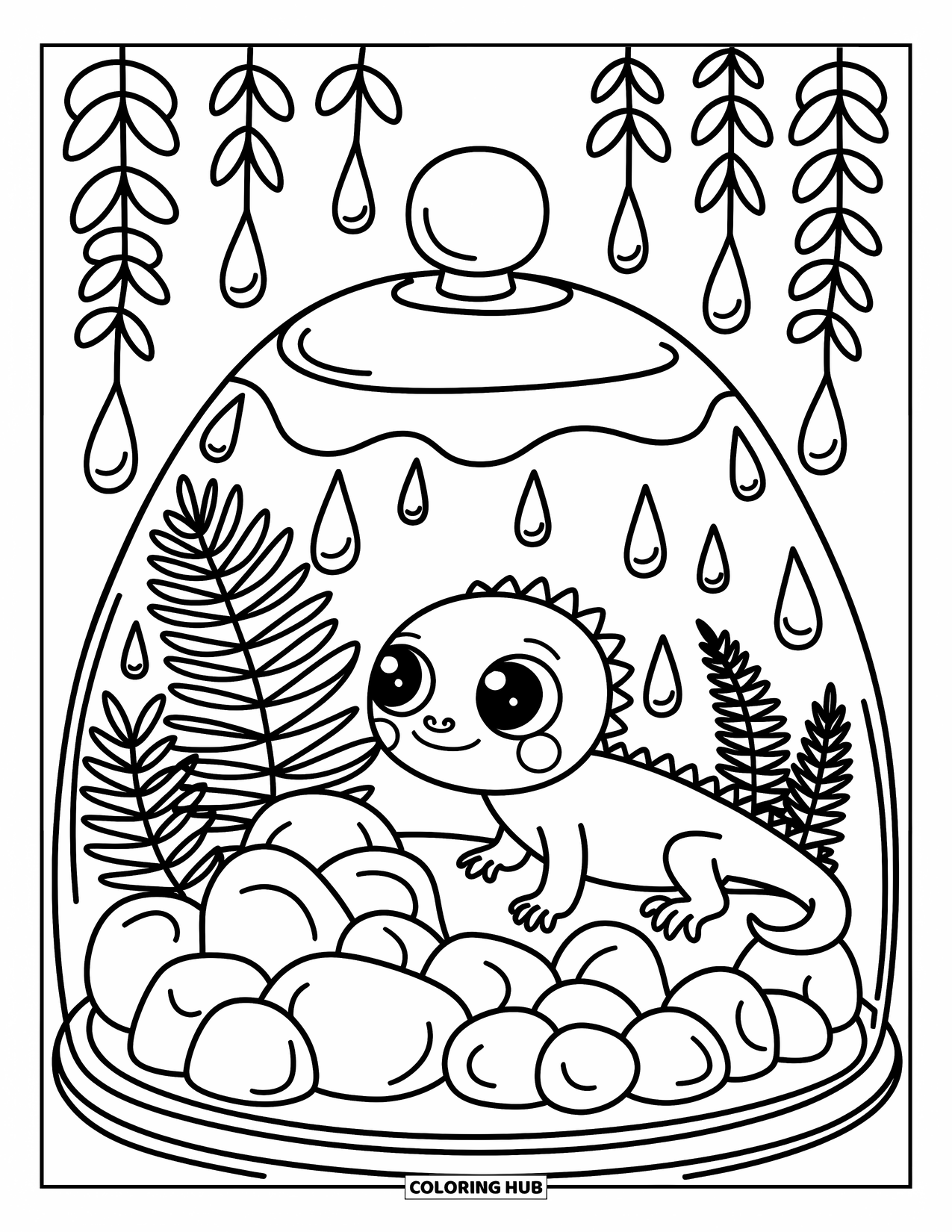 Lizard Coloring Page for Adults: A curious lizard explores a terrarium filled with moss, rocks, and hanging droplets